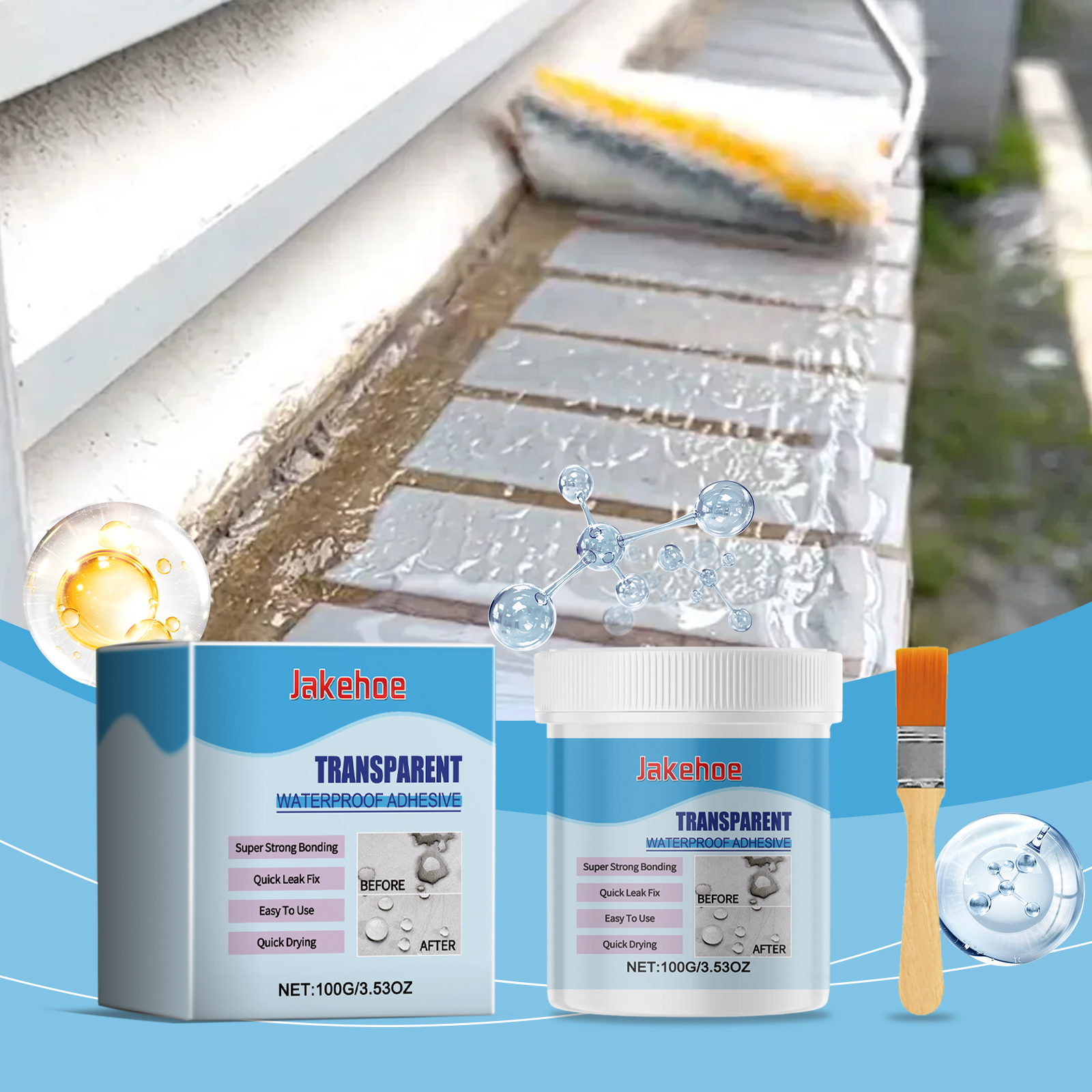 Roof repair scene with clear adhesive product
