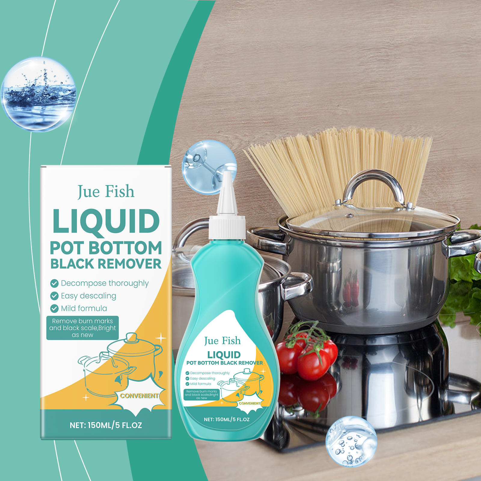 Cookware cleaner staged beside stainless steel pot