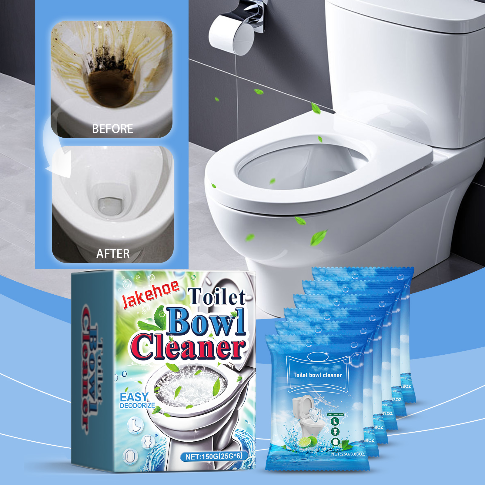 Toilet cleaner carton shown with before-after bowl result