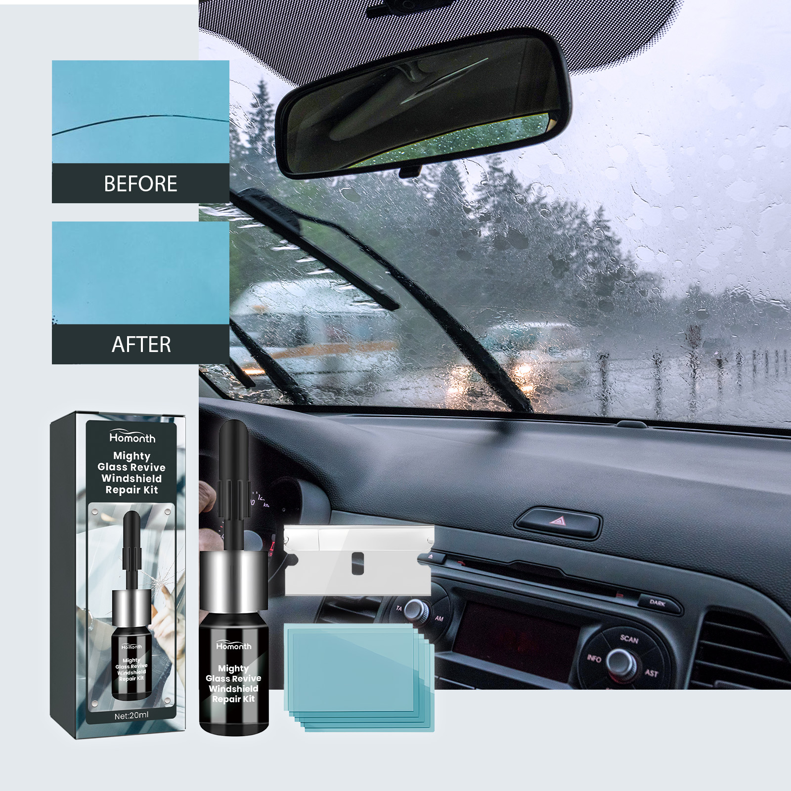 Windshield repair kit shown beside treated visibility panels