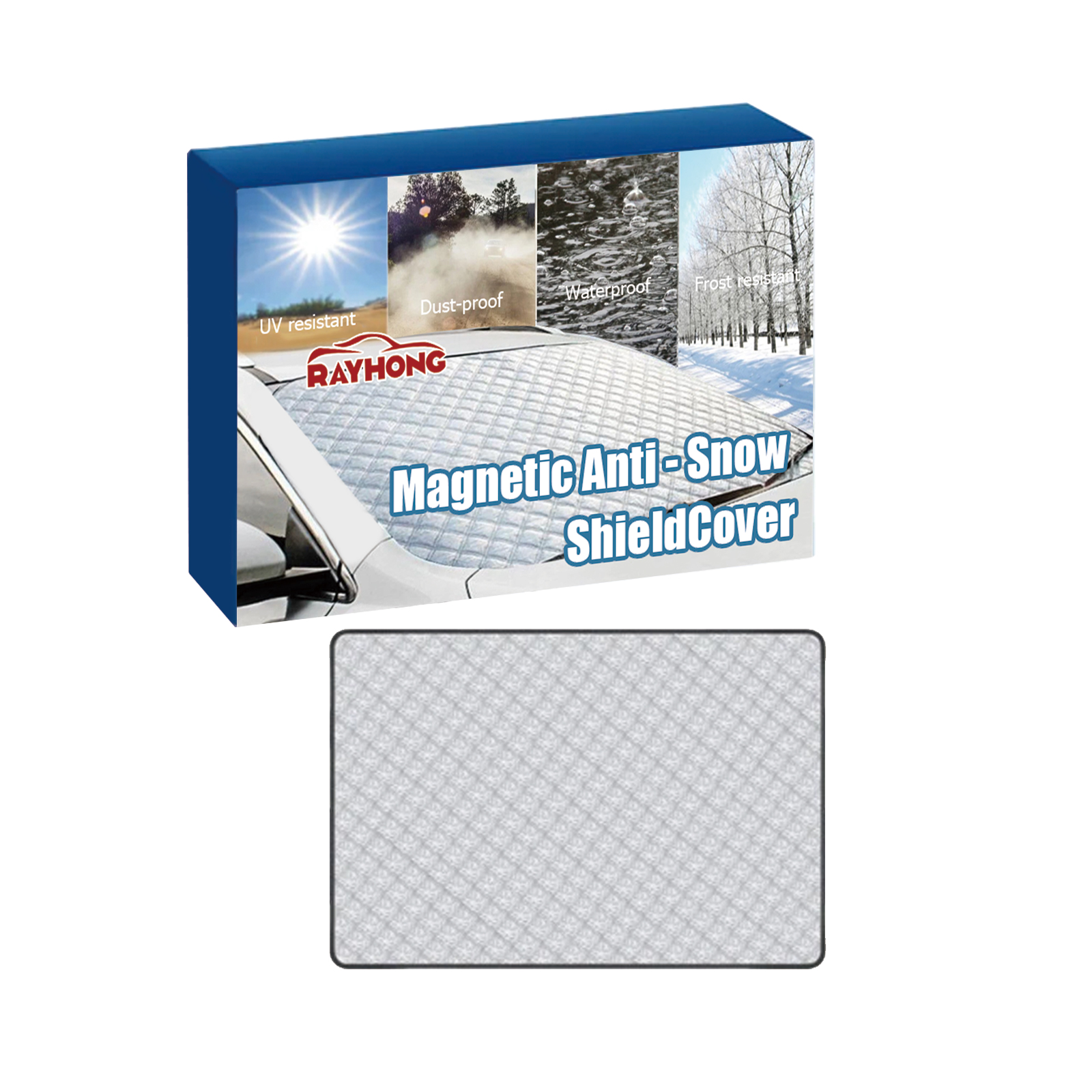 Silver quilted reflective windshield cover beside product packaging