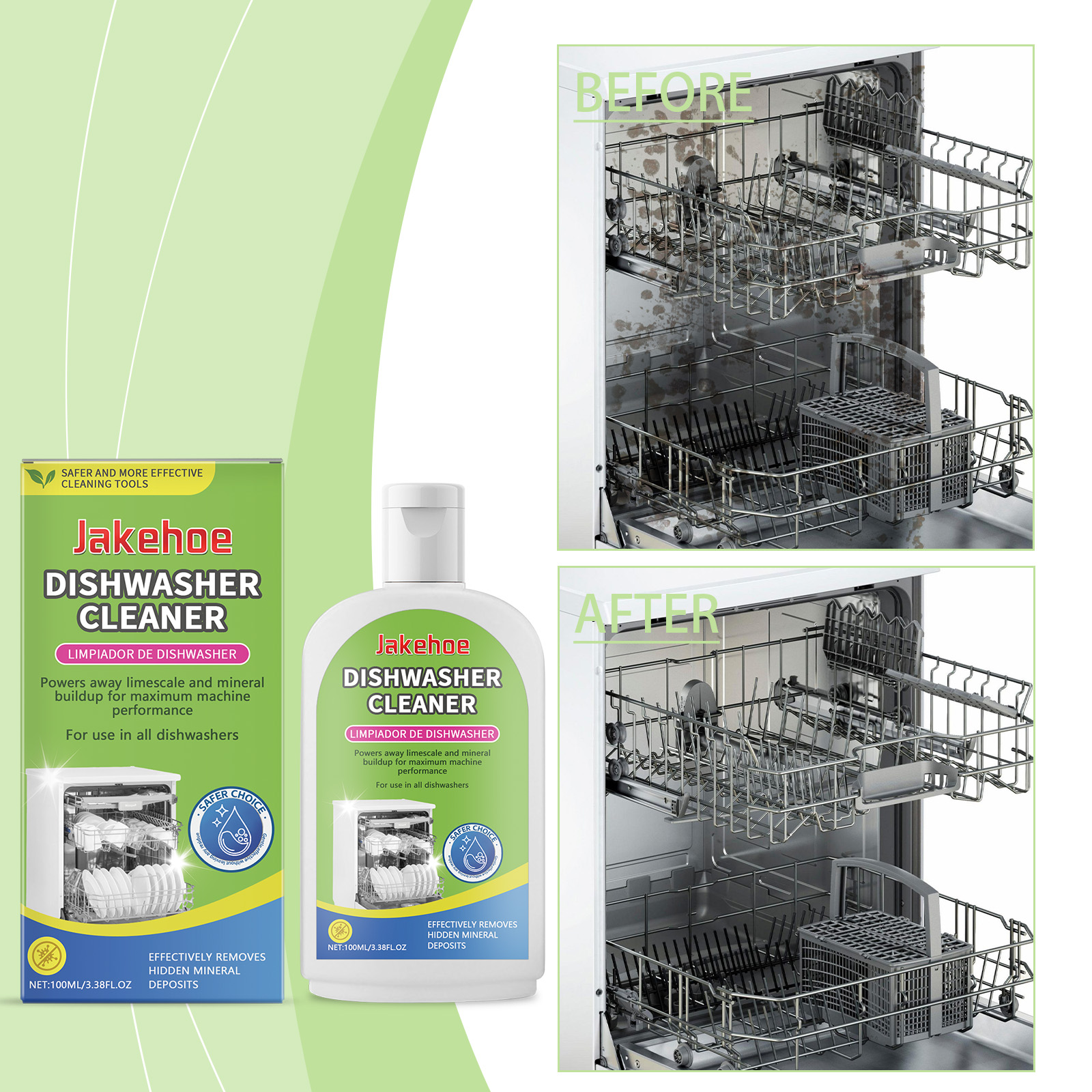 Before and after dishwasher interior cleaning comparison