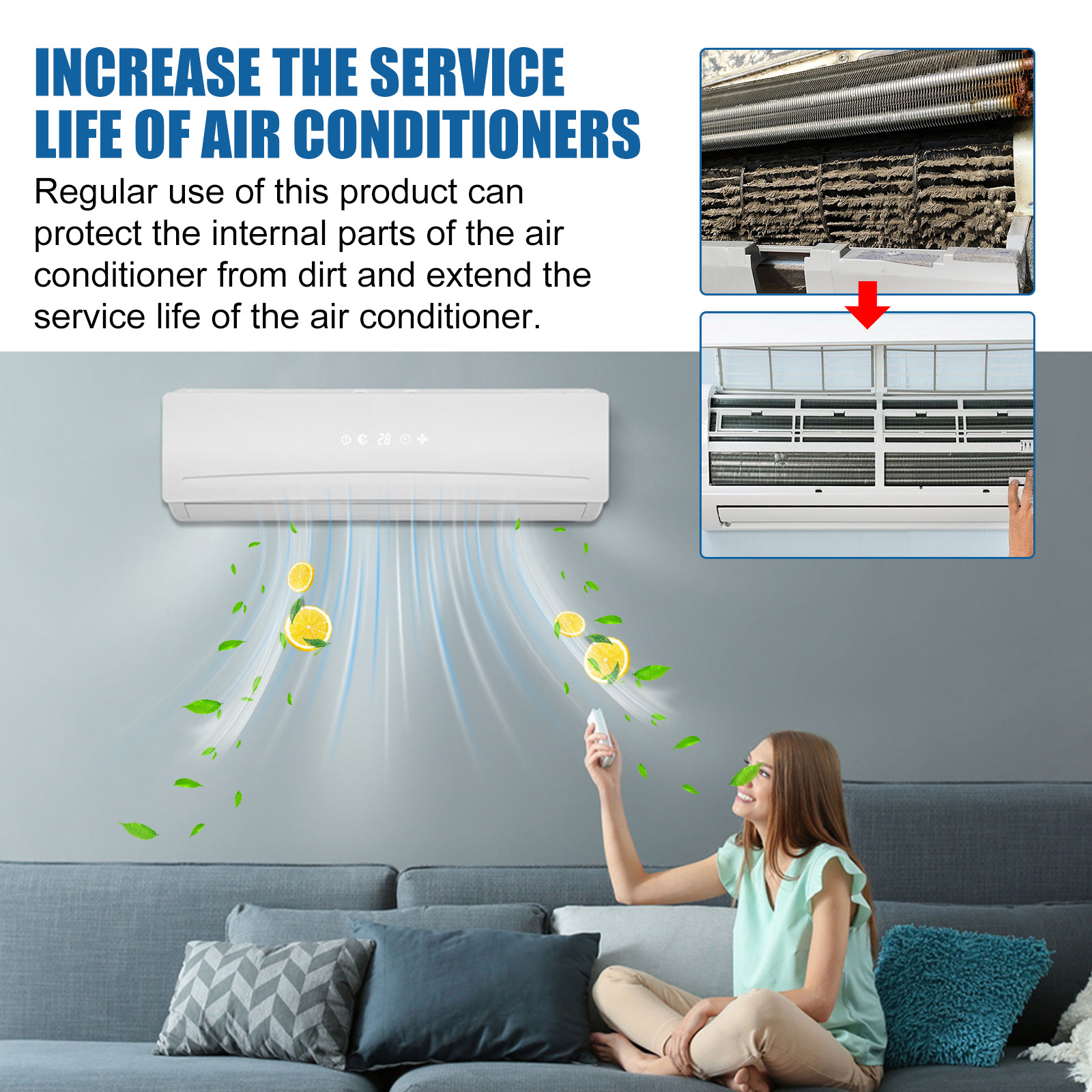 Air conditioner component shown before and after cleaning