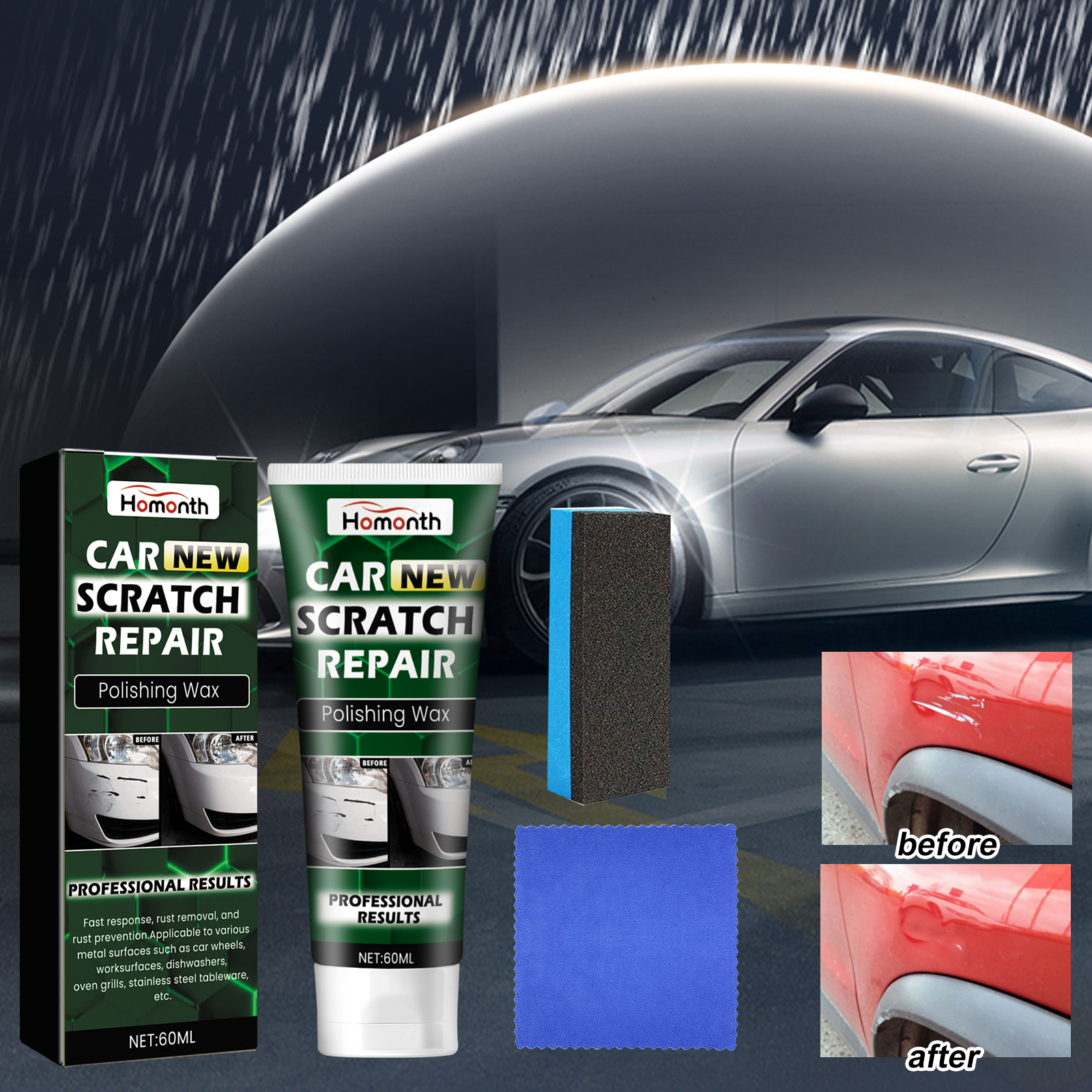 Before and after vehicle paint surface showing a cleaner finish