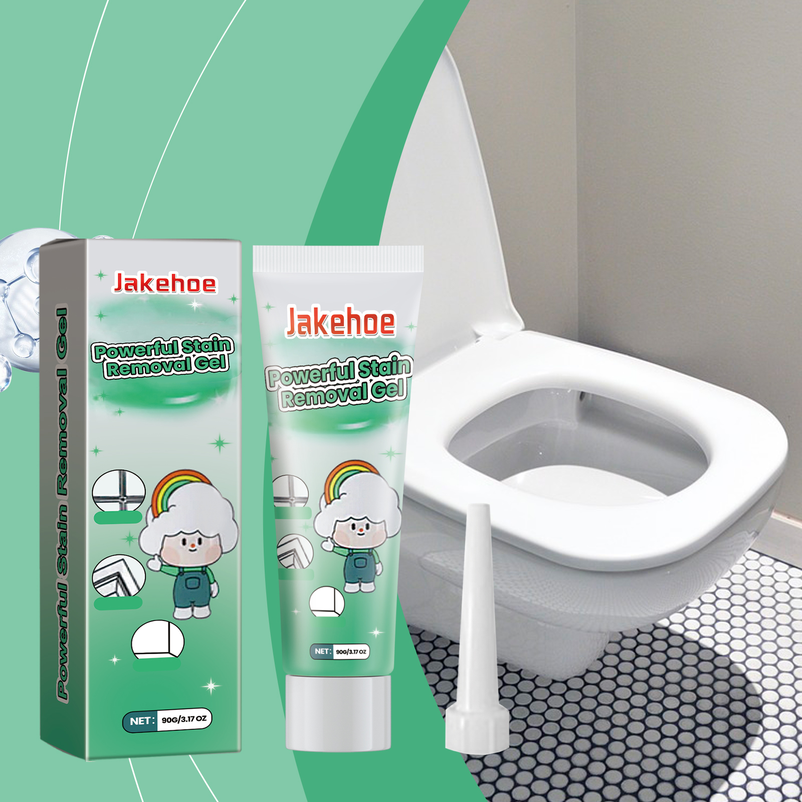 Stain removal gel positioned beside white toilet