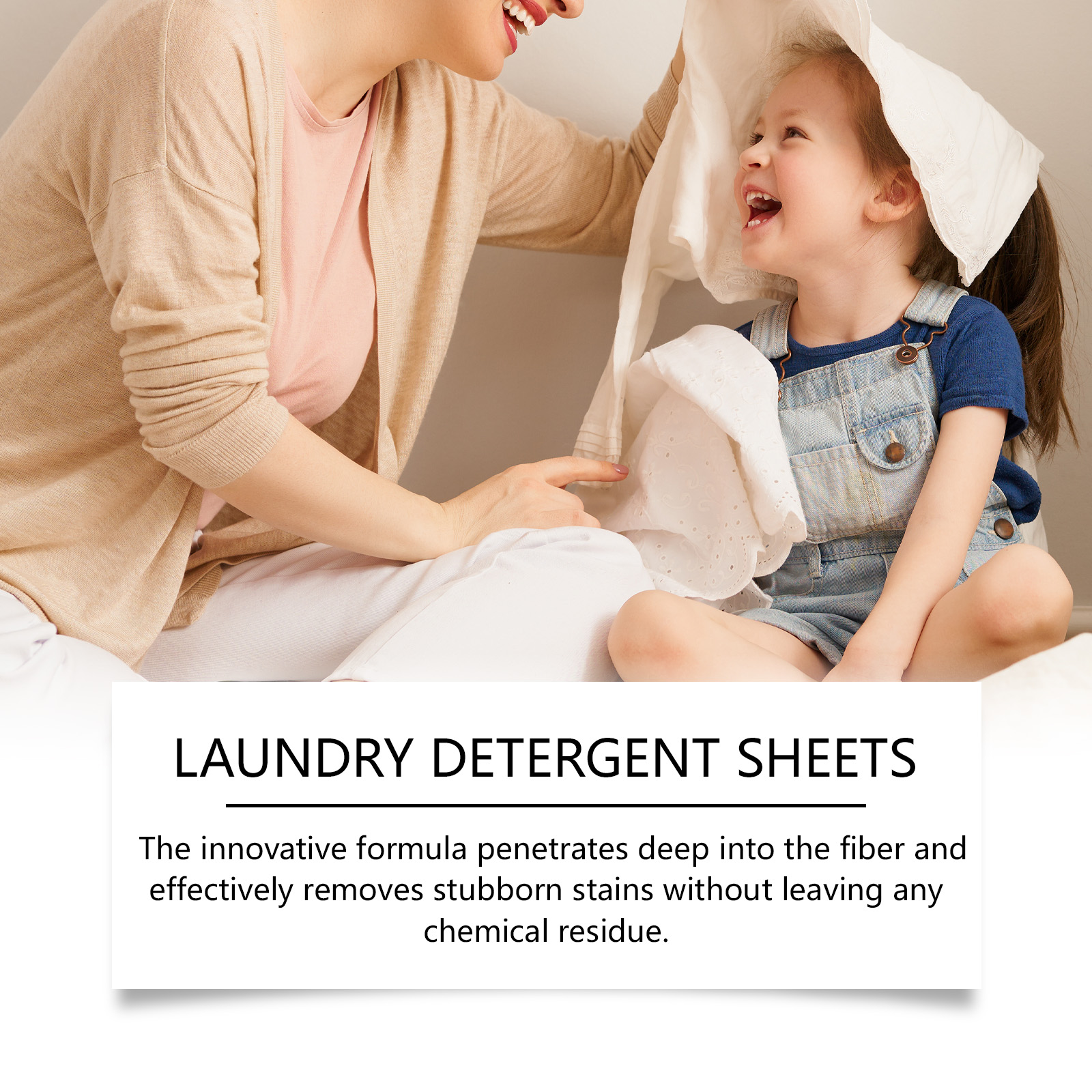 Fresh laundry and detergent sheets in a home setting