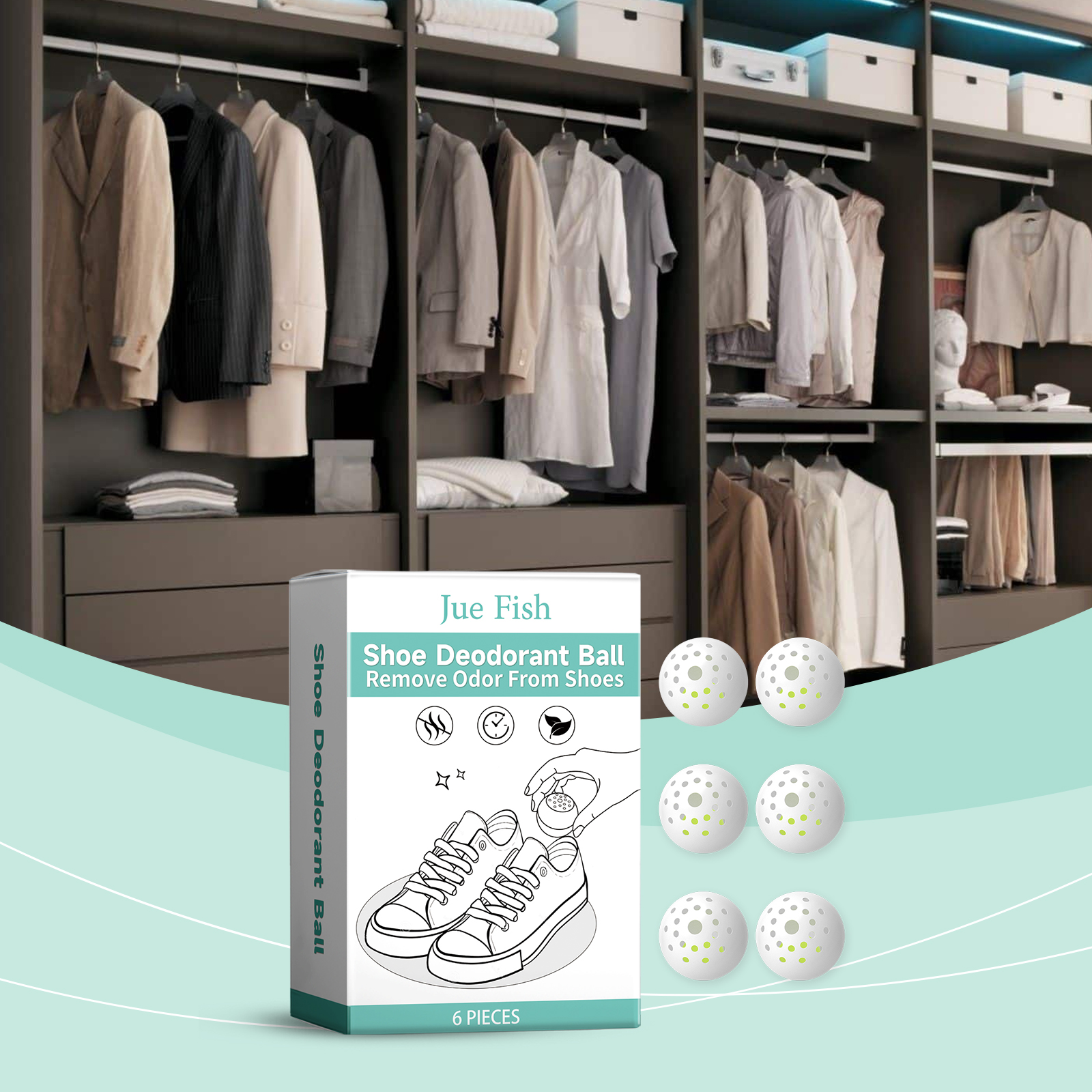 Compact deodorizer balls beside closet footwear