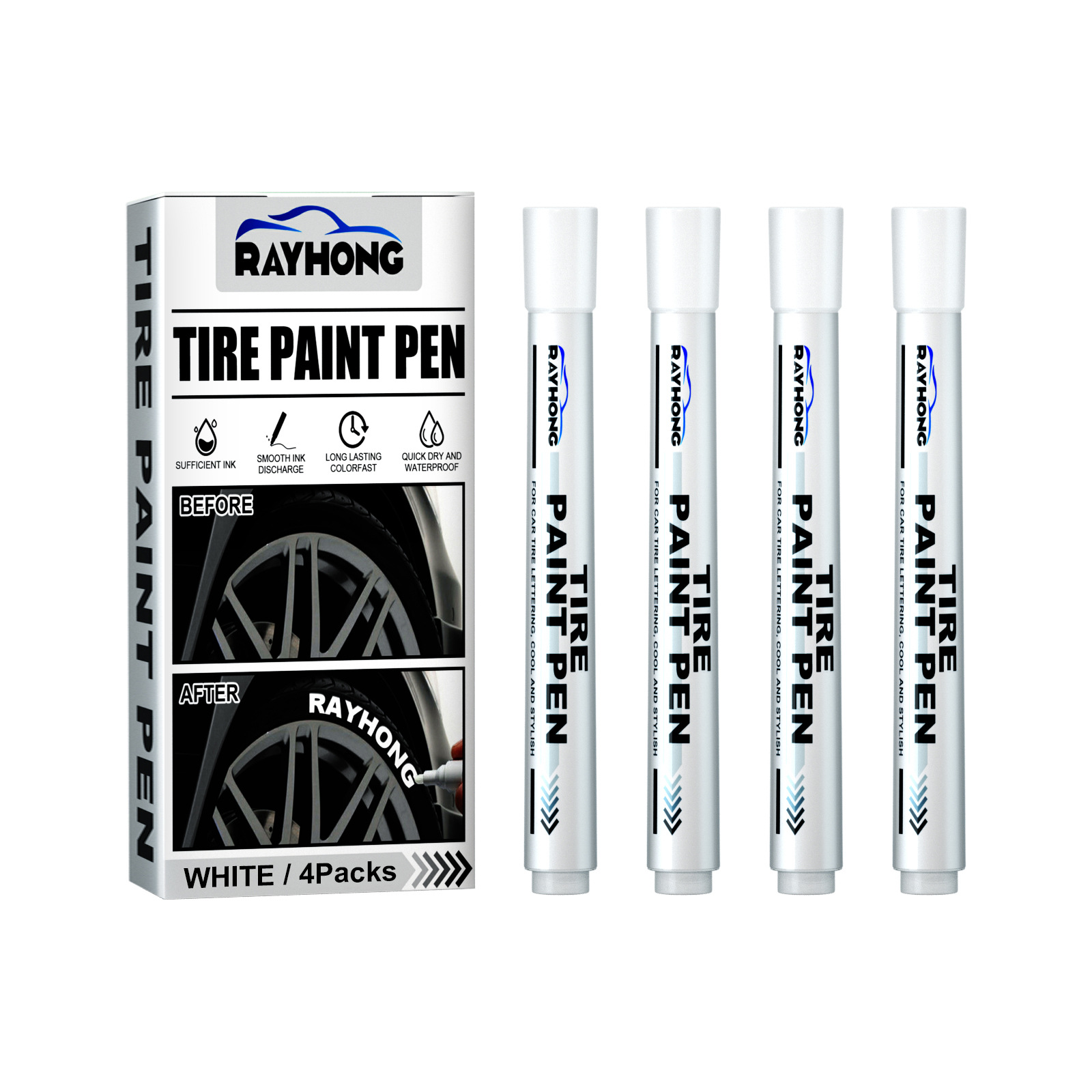 Four capped tire paint pens beside packaging