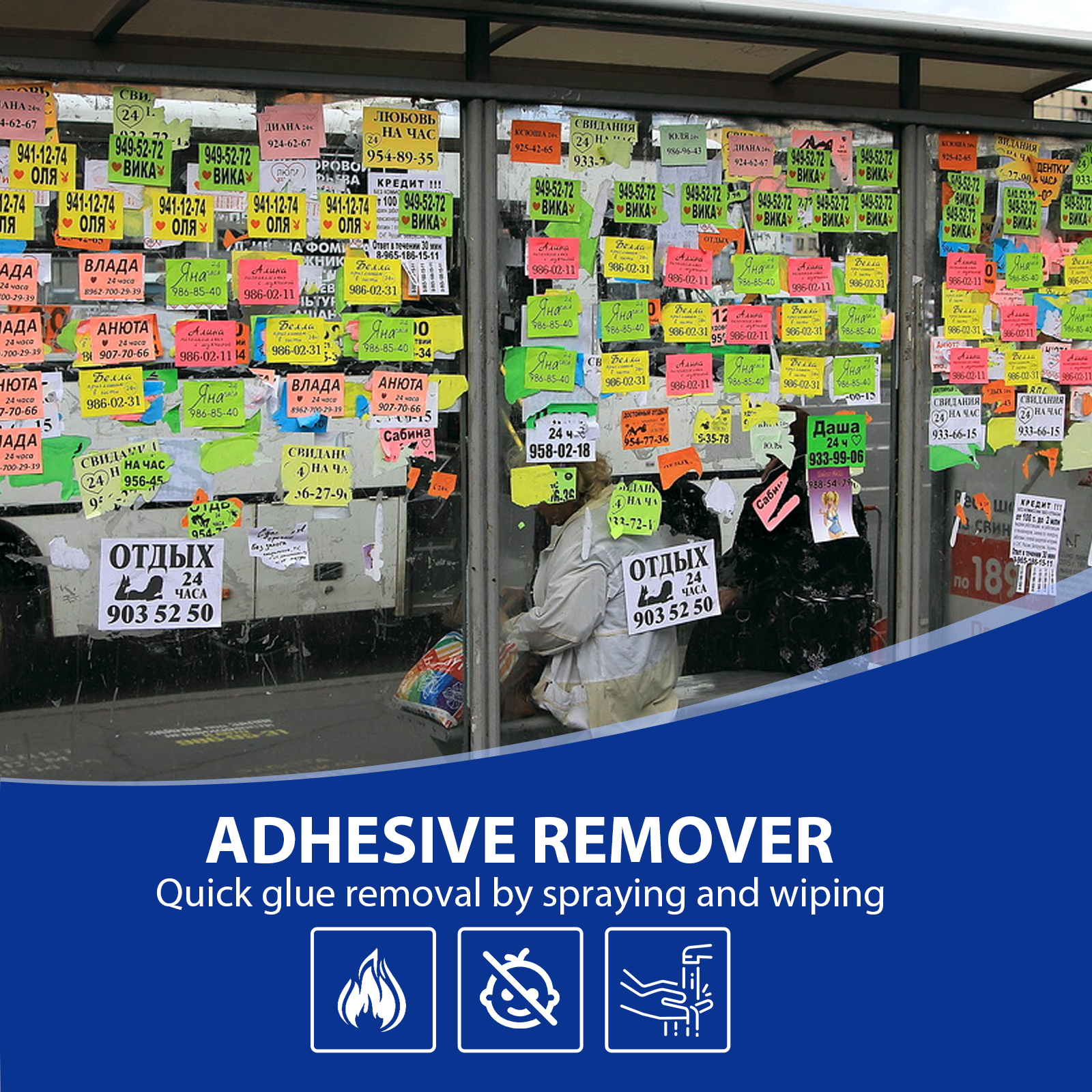 Adhesive remover application on sticker-covered glass