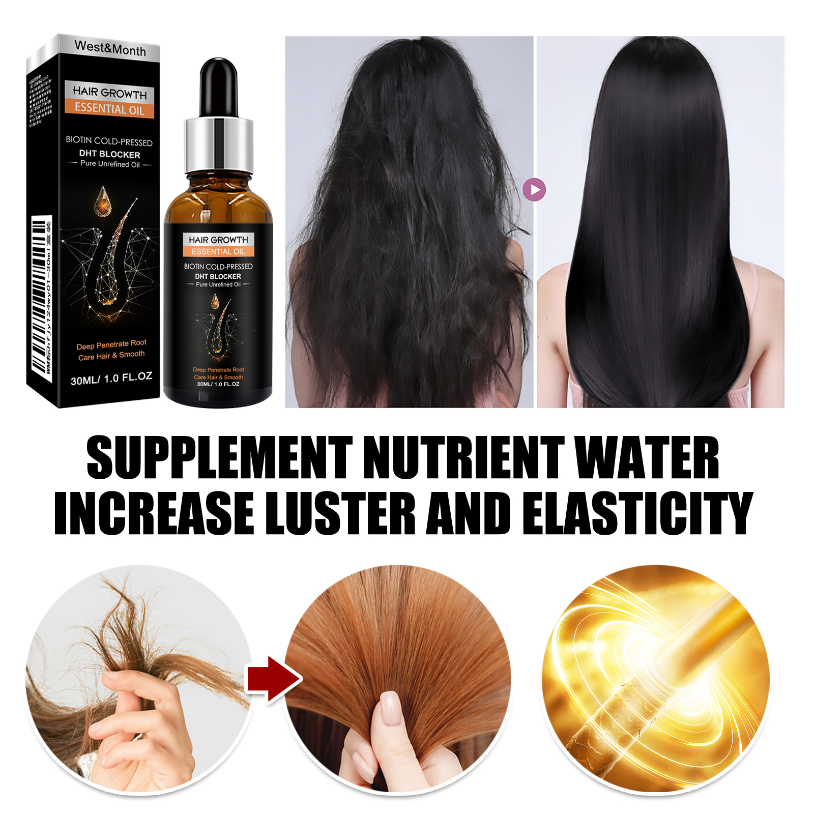 Hair oil bottle with moisturized smooth hair comparison