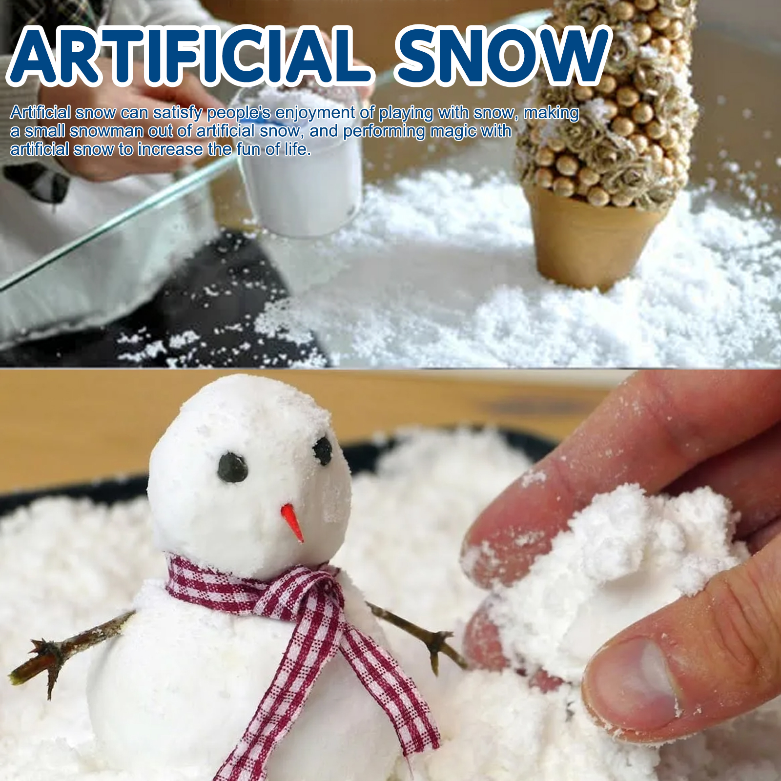 Hands creating snowman with fluffy artificial snow
