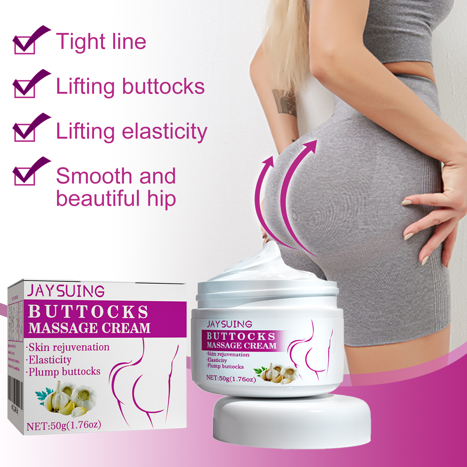 Hip massage cream jar with coordinated promotional packaging