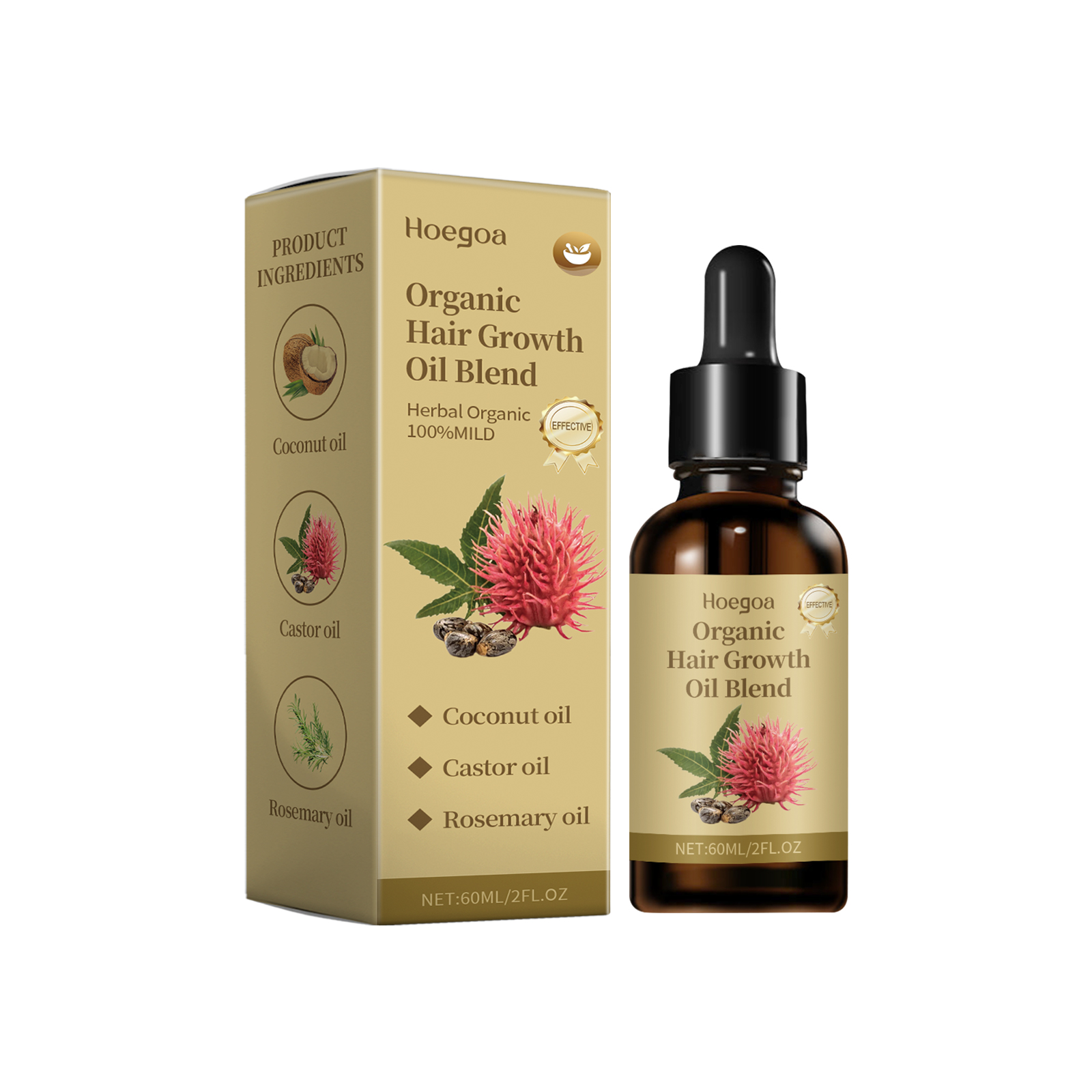 Hair oil packaging showing coconut castor and rosemary oils