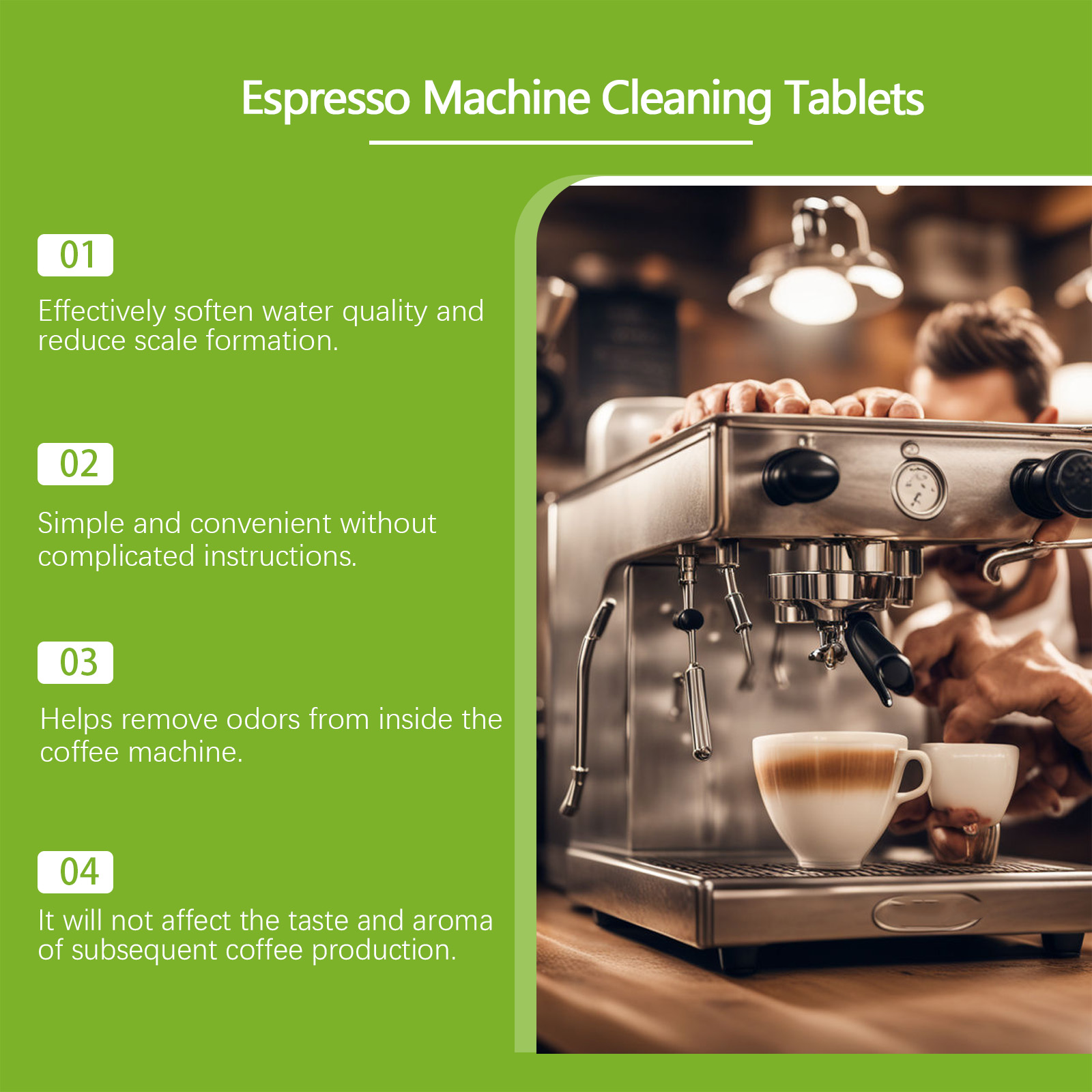 Green graphic showing espresso machine odor control
