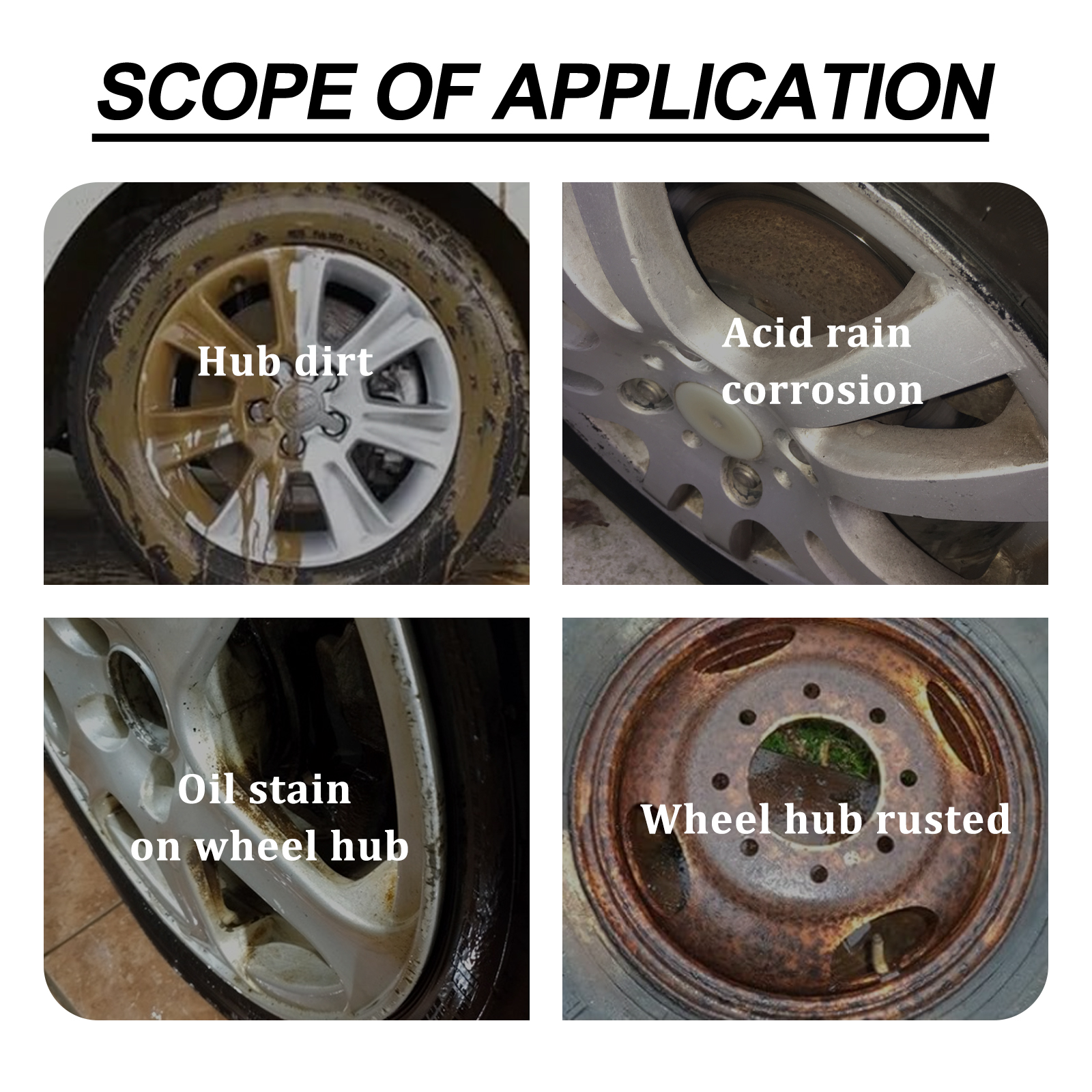 Dirty corroded wheel hubs with brake dust and oil stains