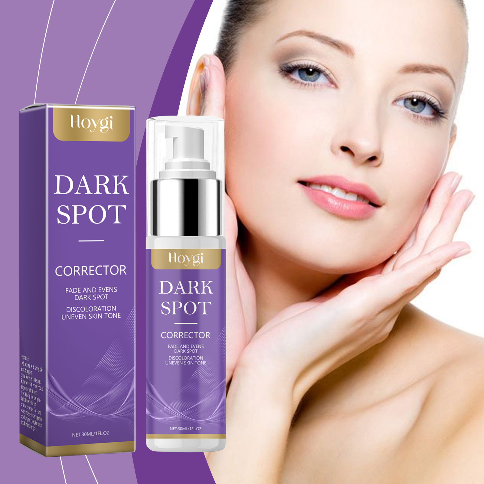Dark spot corrector packaging beside clear-looking portrait