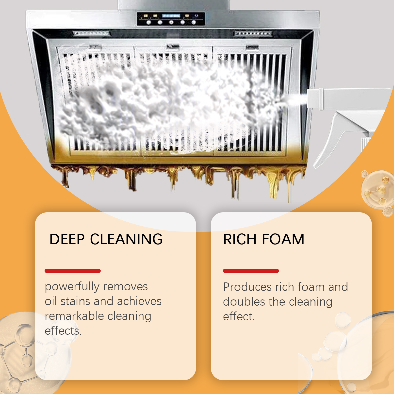 Foam cleaning product shown against oily hood buildup
