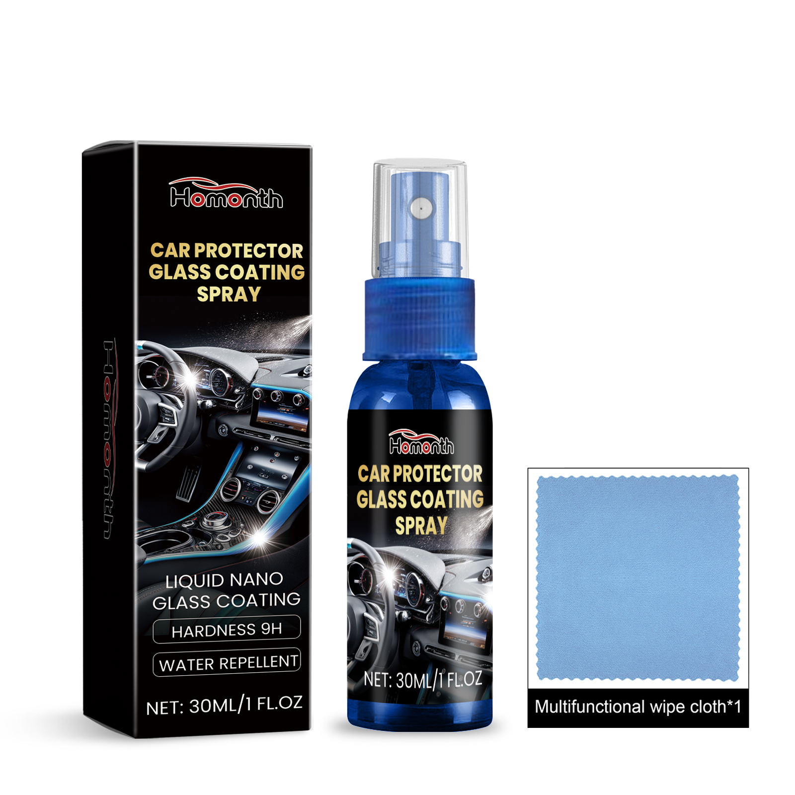 Complete automotive detailing kit with bottle box and cloth