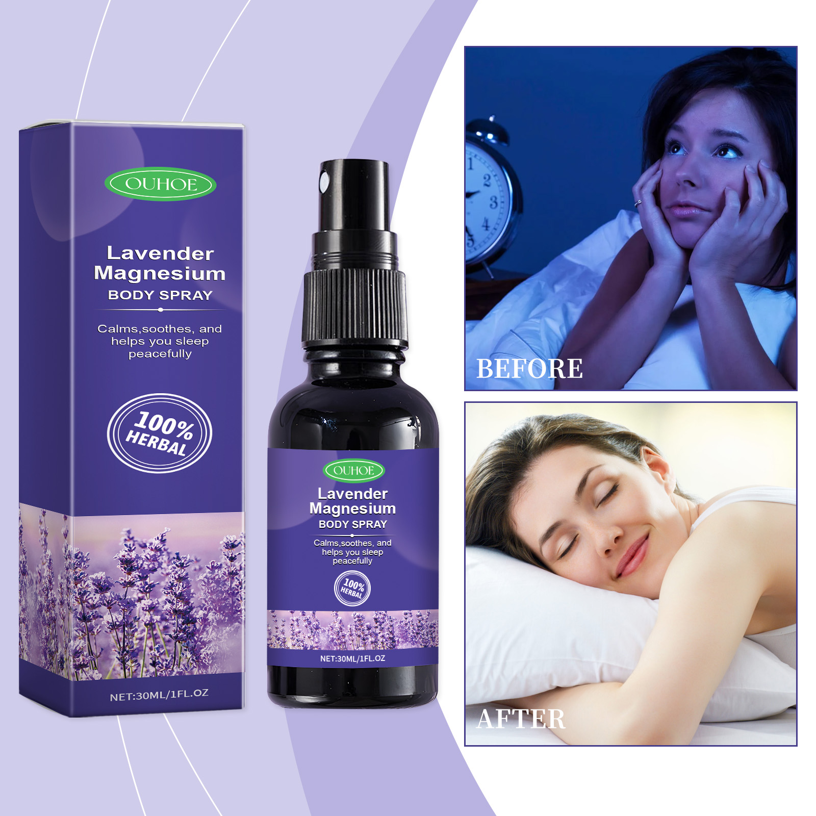 Compact lavender sleep spray beside peaceful sleep imagery