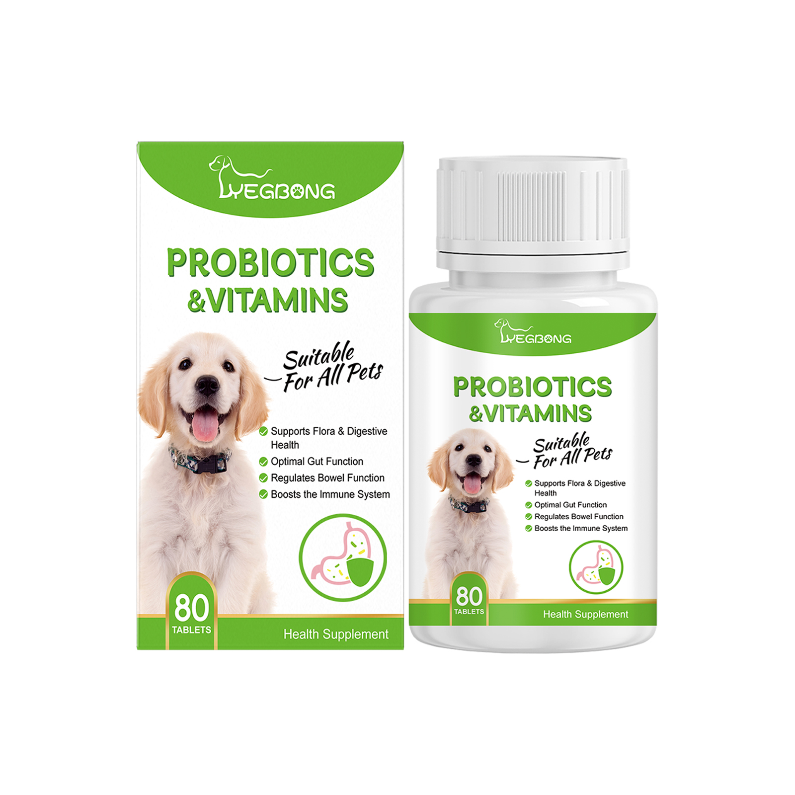 Labeled probiotic bottle with vitamin callouts