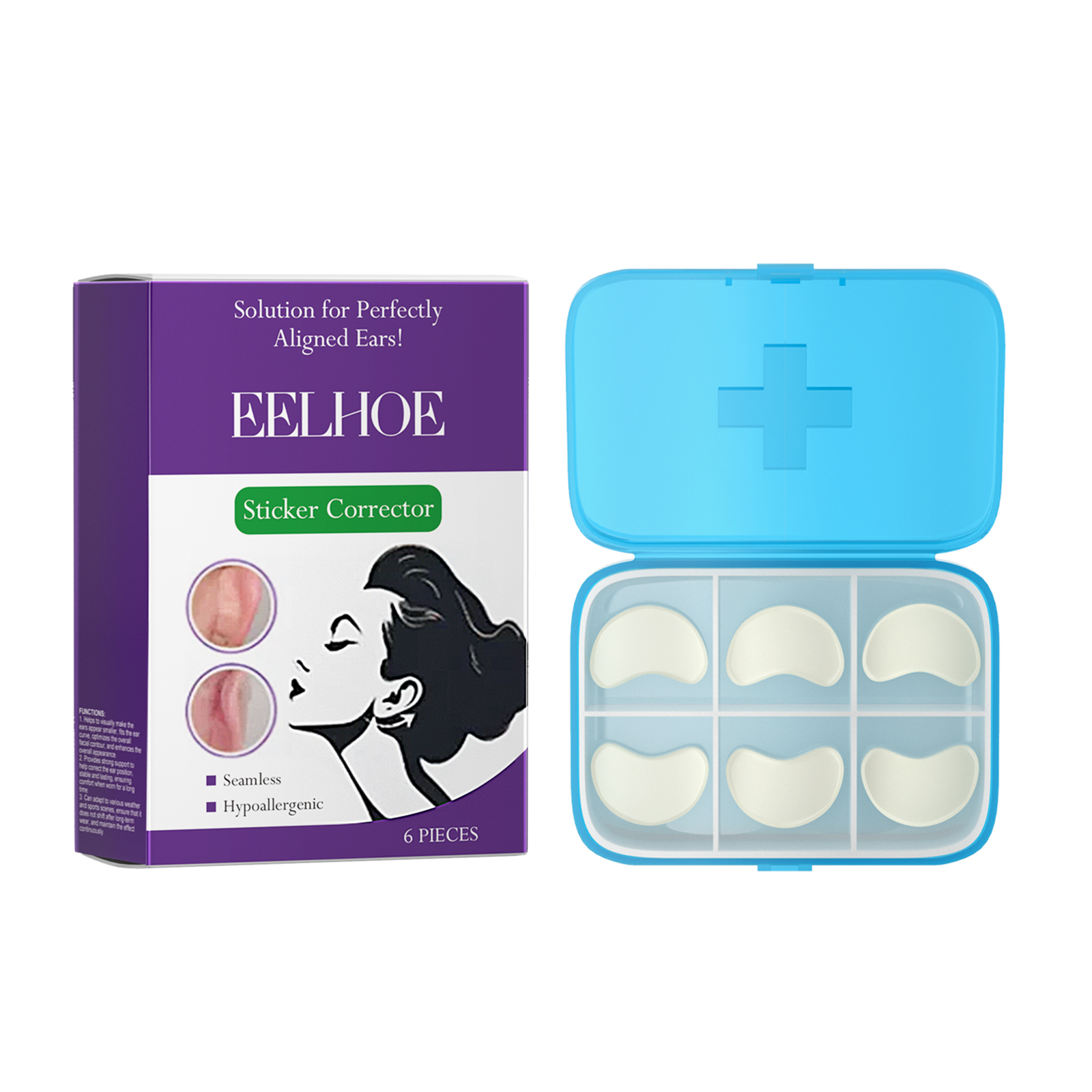 Six ear corrector pads arranged in blue organizer case