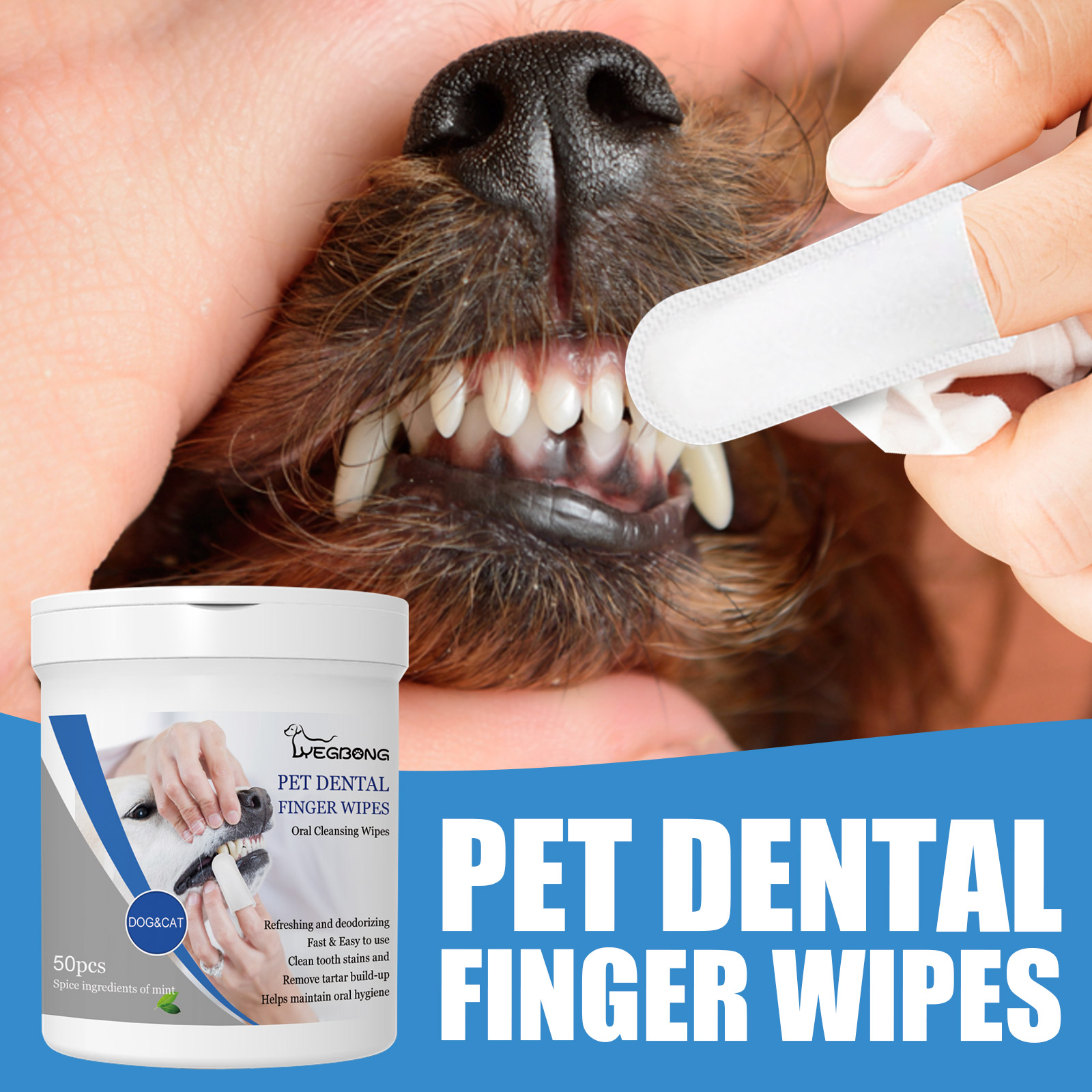Finger wipe in use on dog teeth and gums