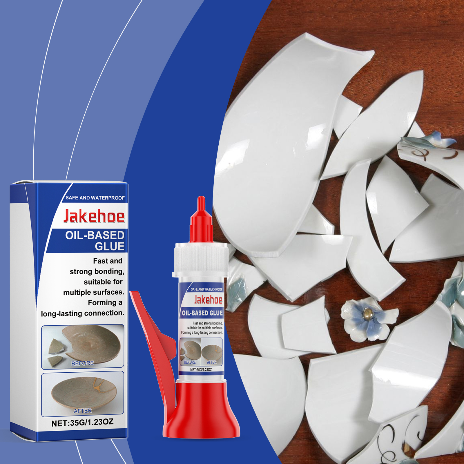 Adhesive beside broken ceramic pieces on wood