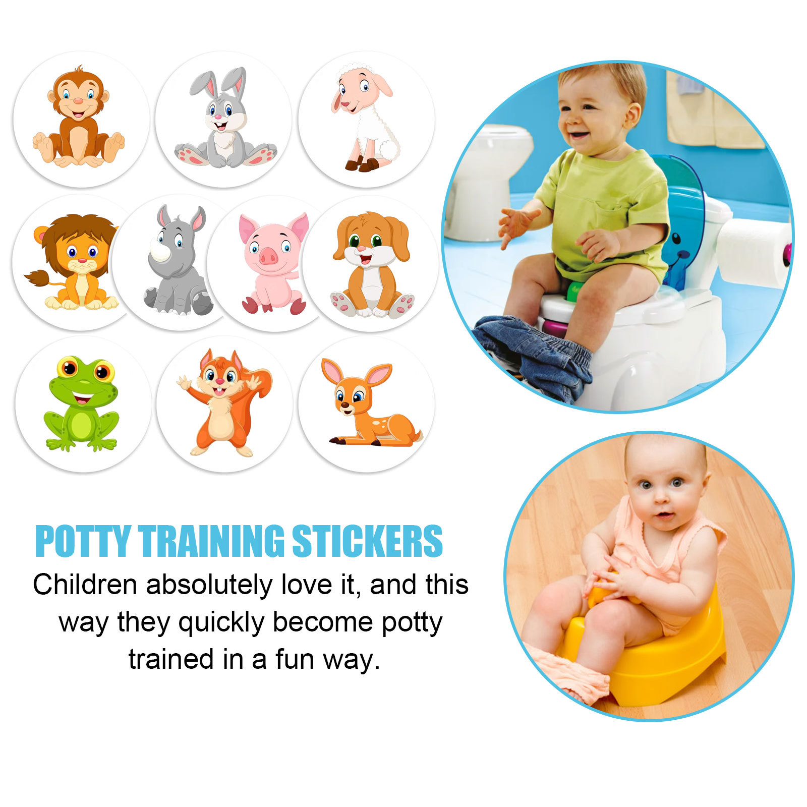 Close-up of all ten animal characters with color-changing ink, displayed next to a potty seat
