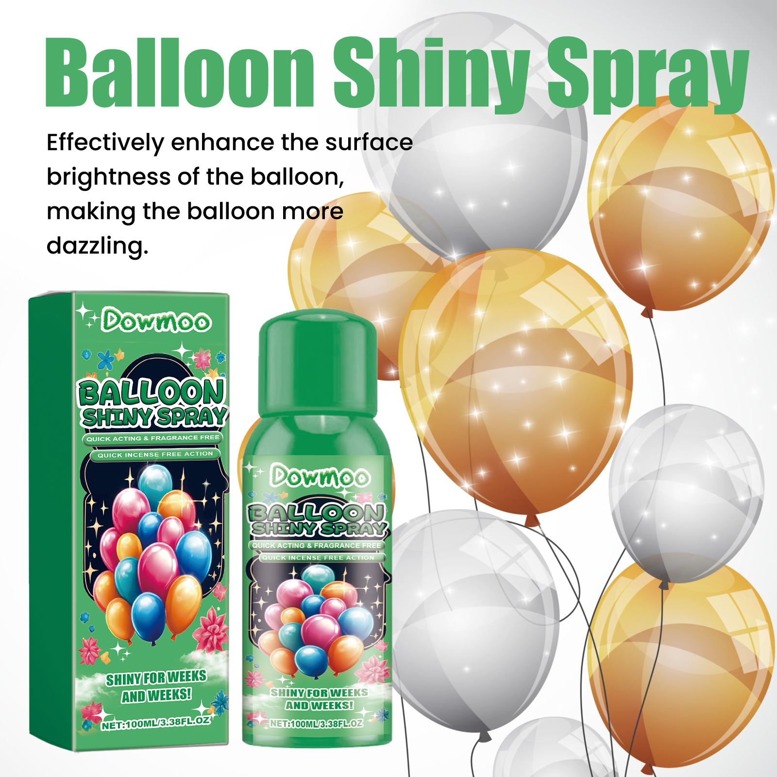 Spray bottle beside reflective party balloons