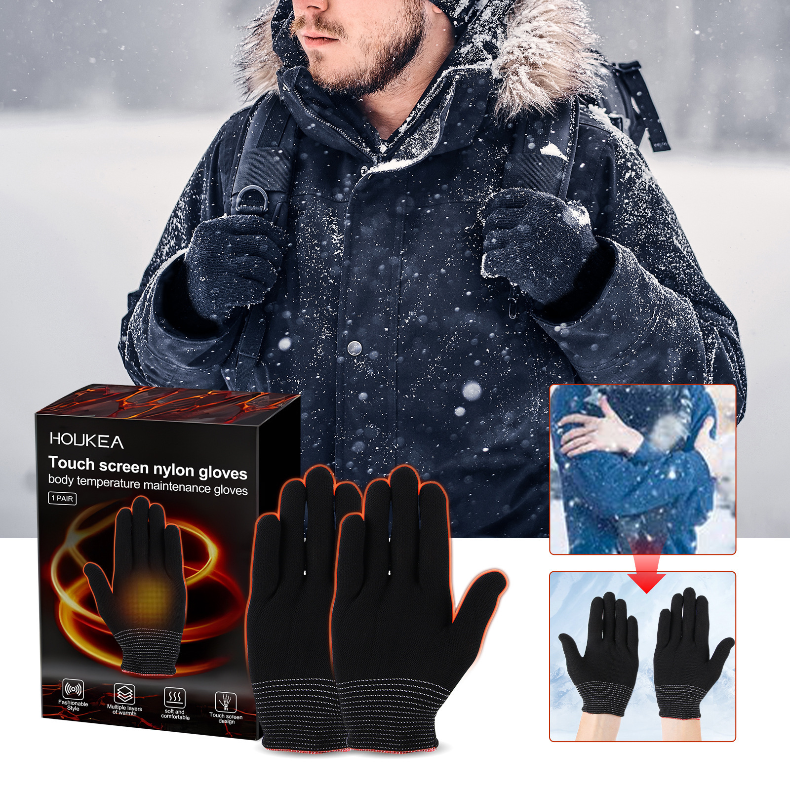 Hands fully covered by black outdoor winter gloves