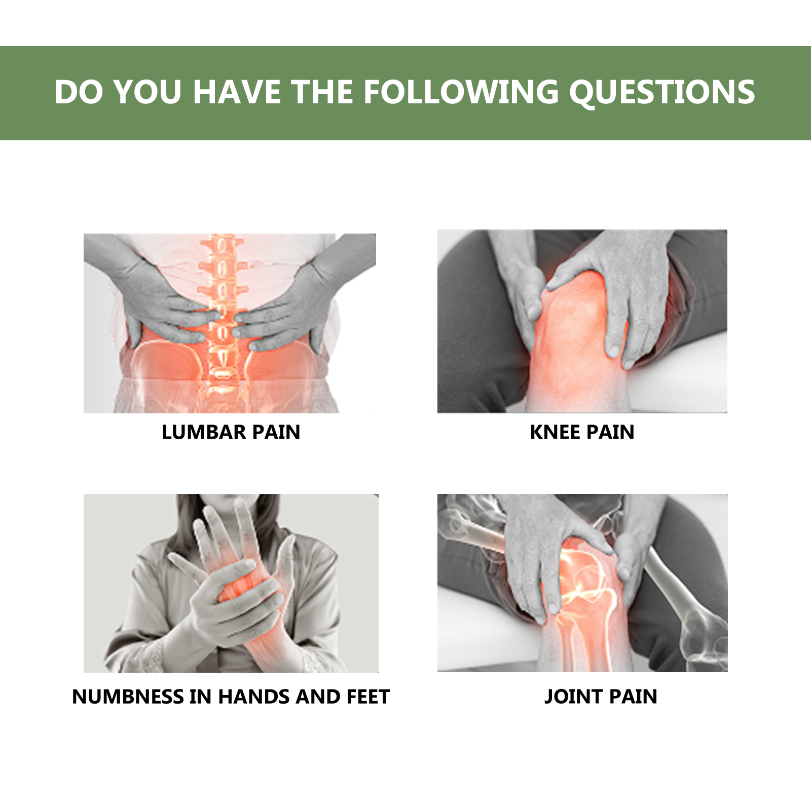 Graphic showing lumbar knee hand foot joint concerns