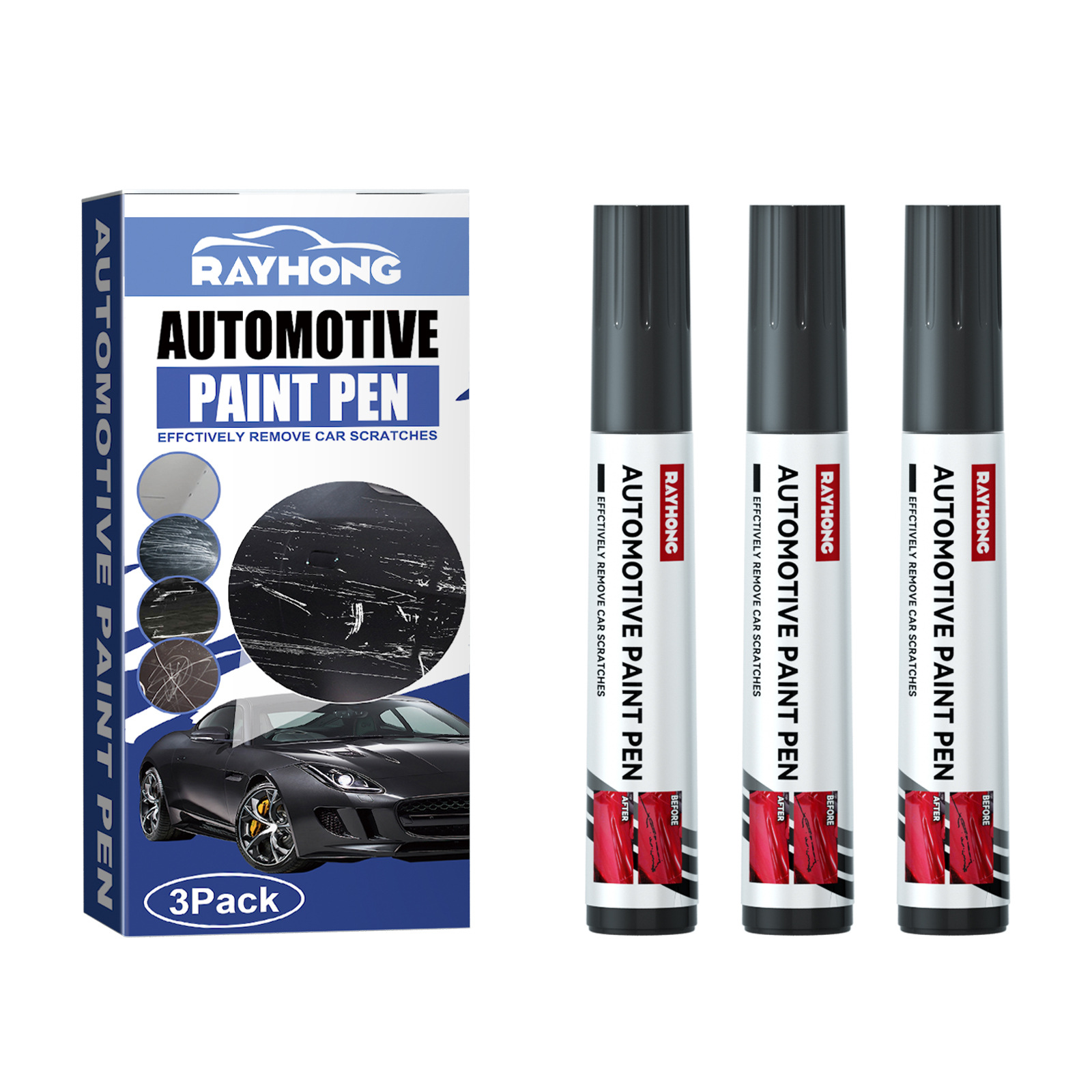 White paint pen barrels with dark protective caps