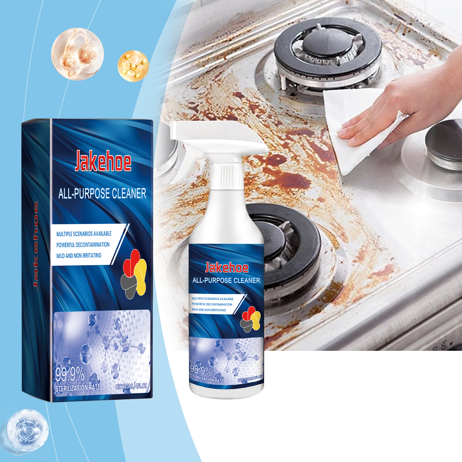 Jakehoe cleaner beside greasy stovetop being wiped
