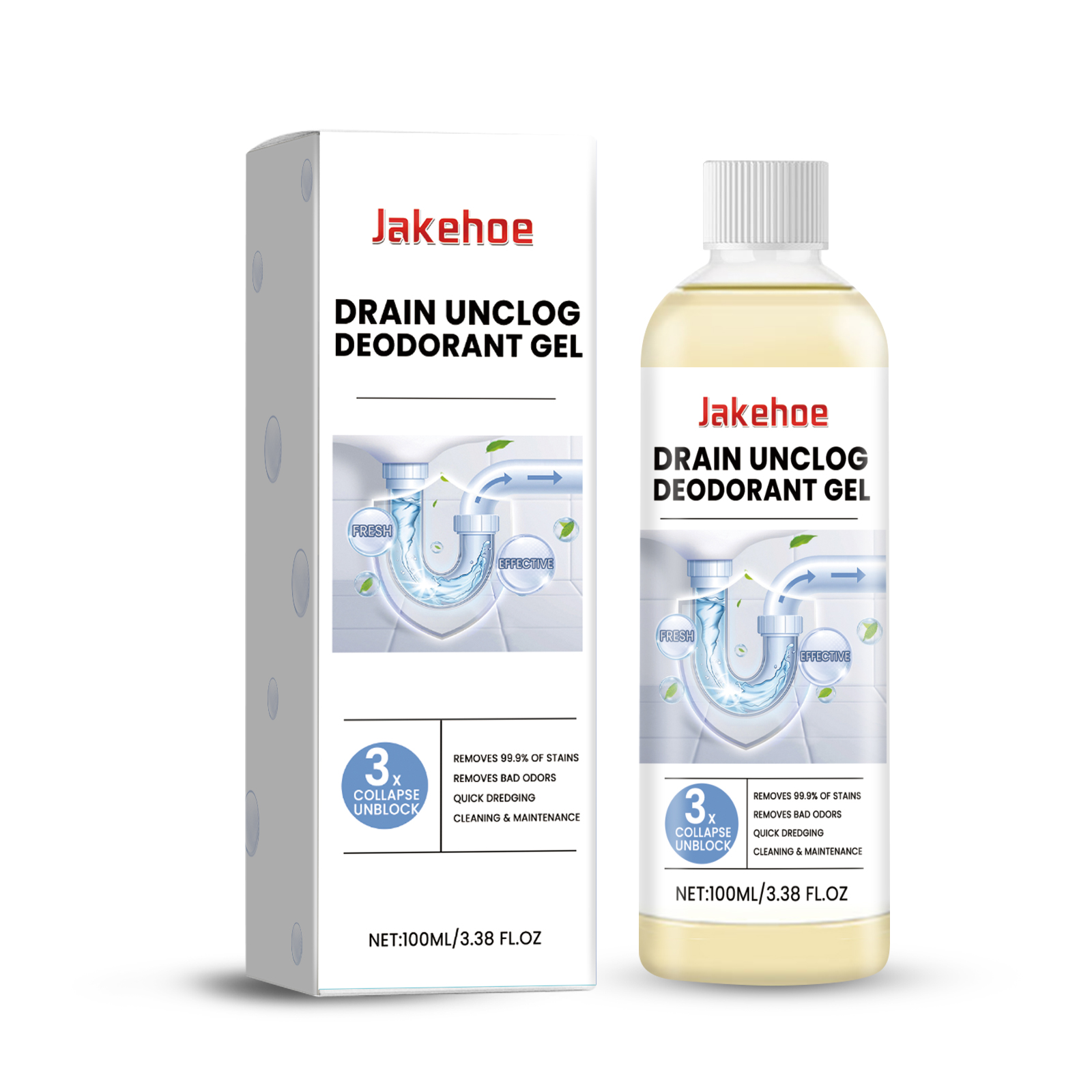 Drain gel bottle and carton with front label messaging