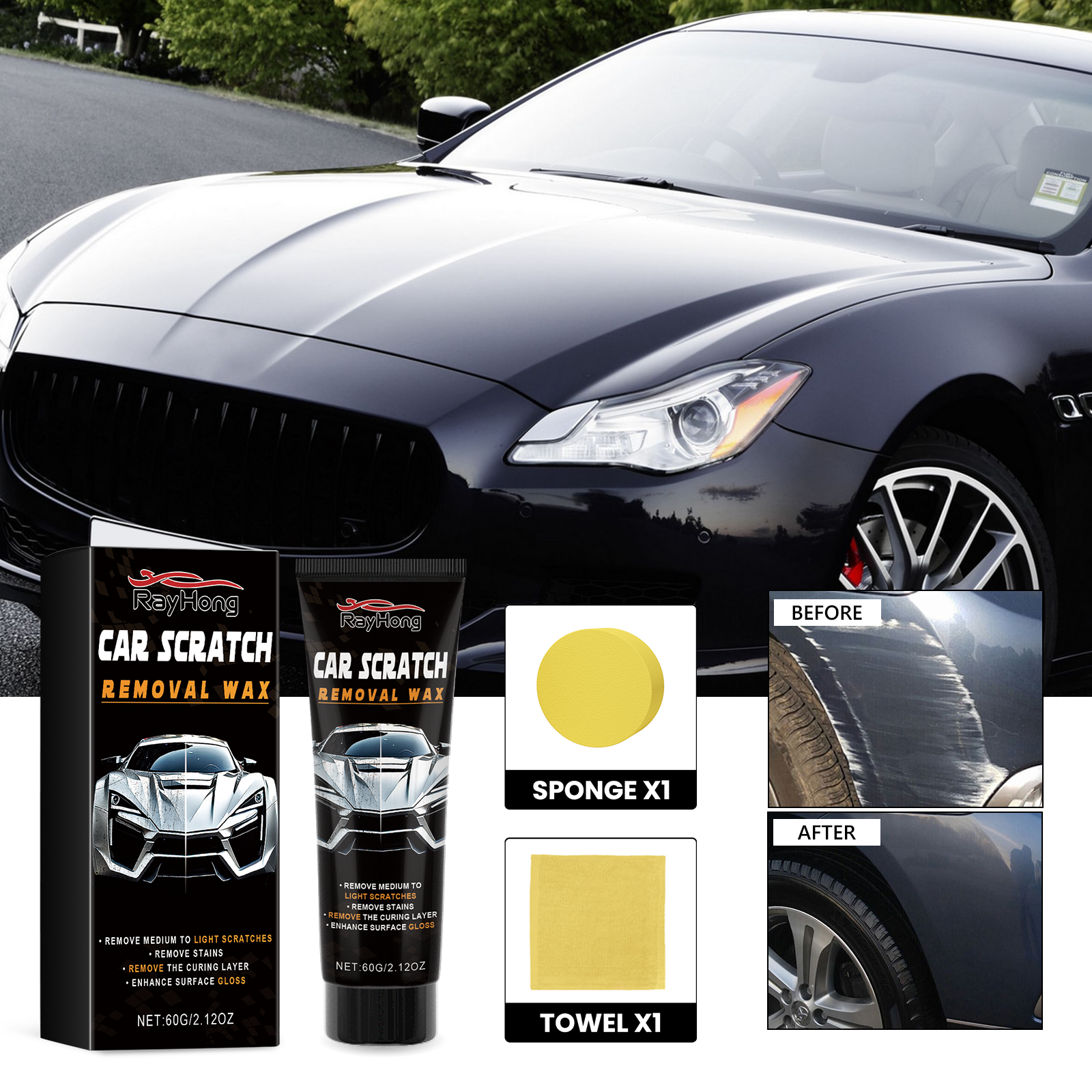 Before and after view of polished car paint