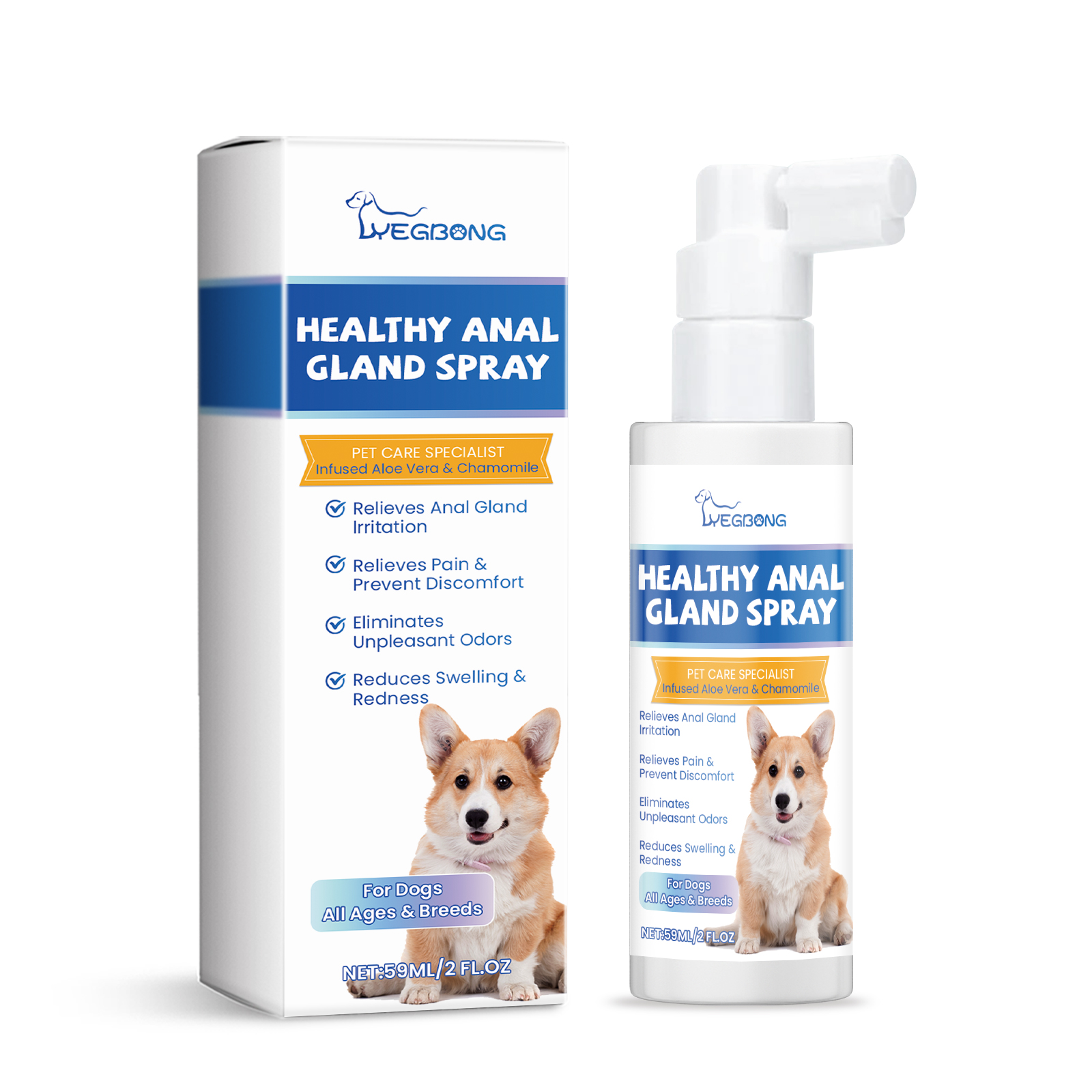 Blue and white spray packaging for dog care