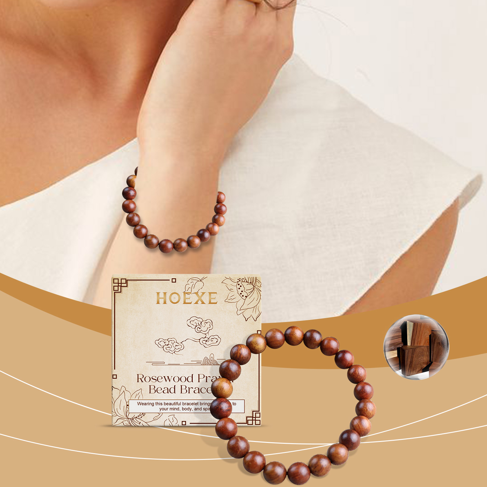 Unisex rosewood bracelet worn with everyday clothing