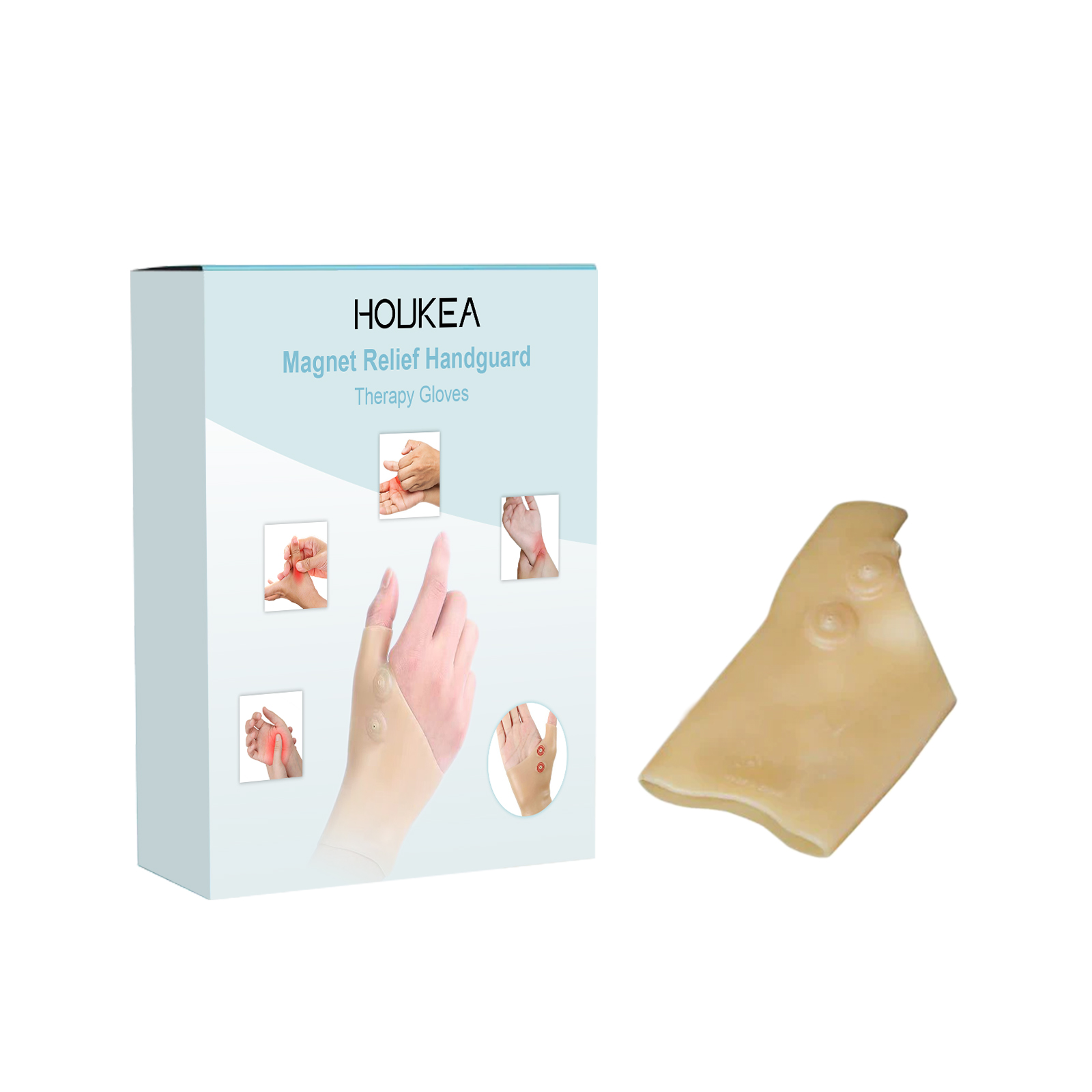 Open fingertips visible beside therapy glove packaging