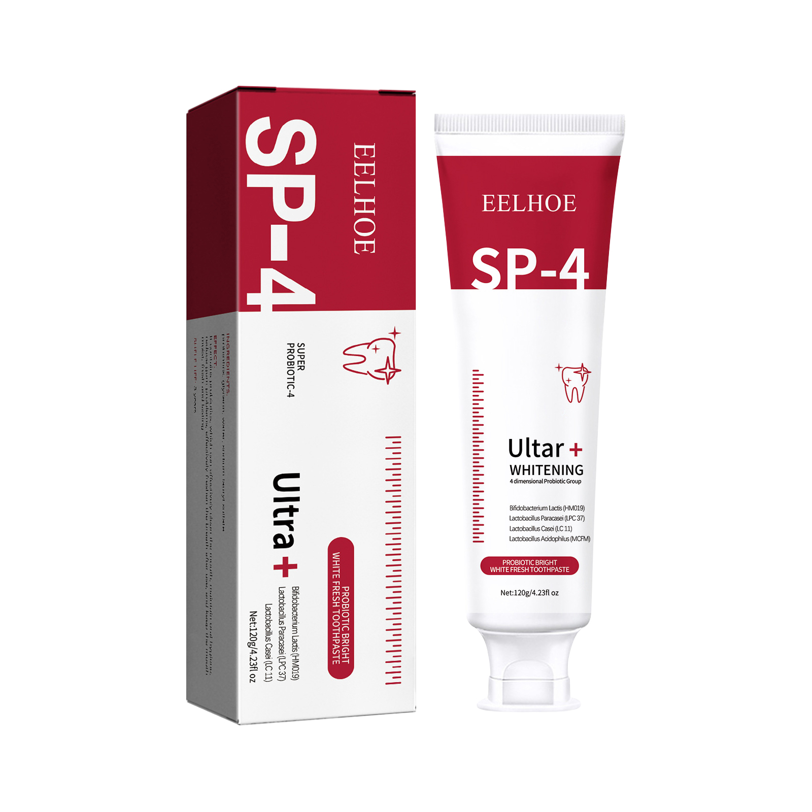 Red and white SP-4 Ultra whitening toothpaste packaging