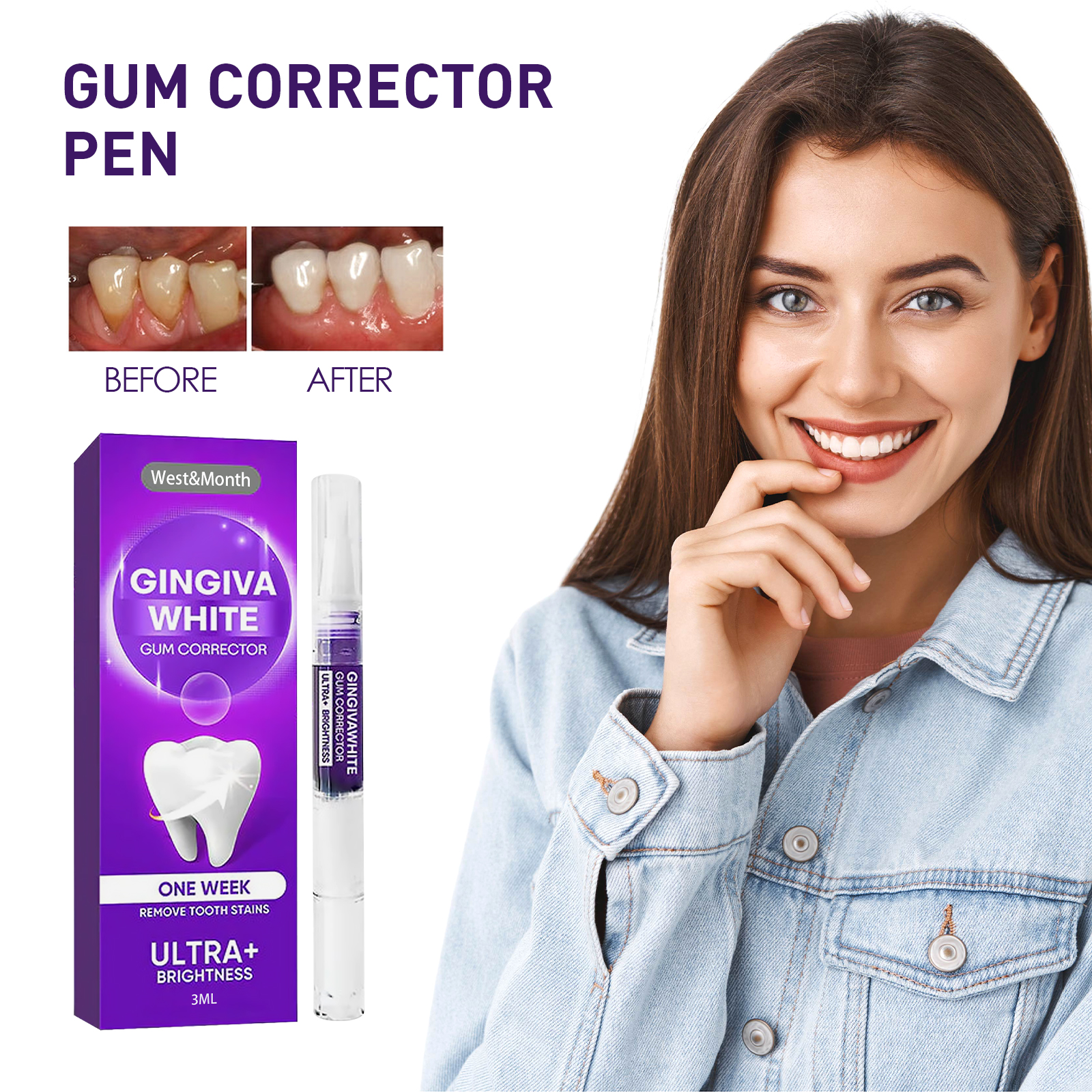 Slim translucent gum corrector pen beside purple carton