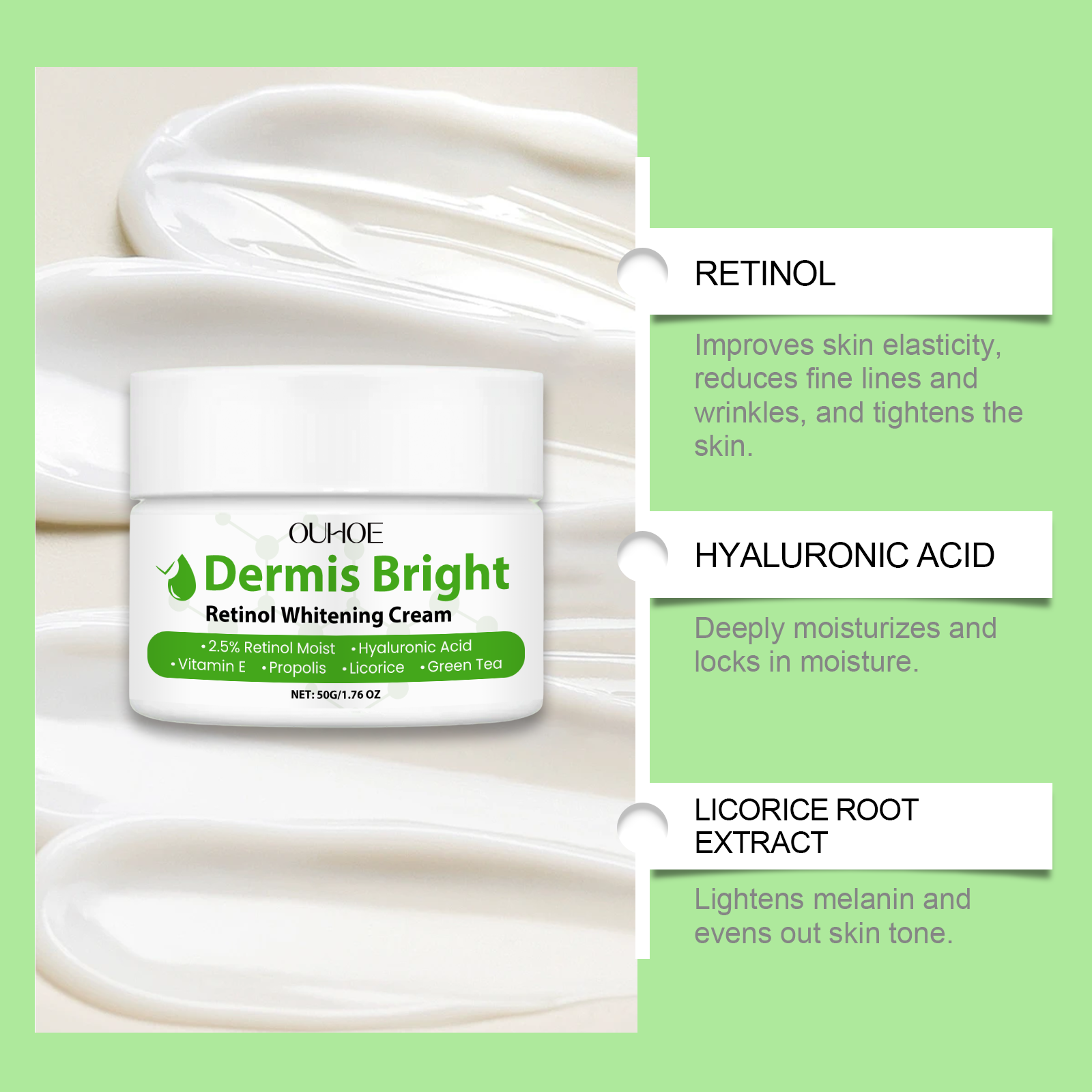 Smooth white cream texture beside retinol jar
