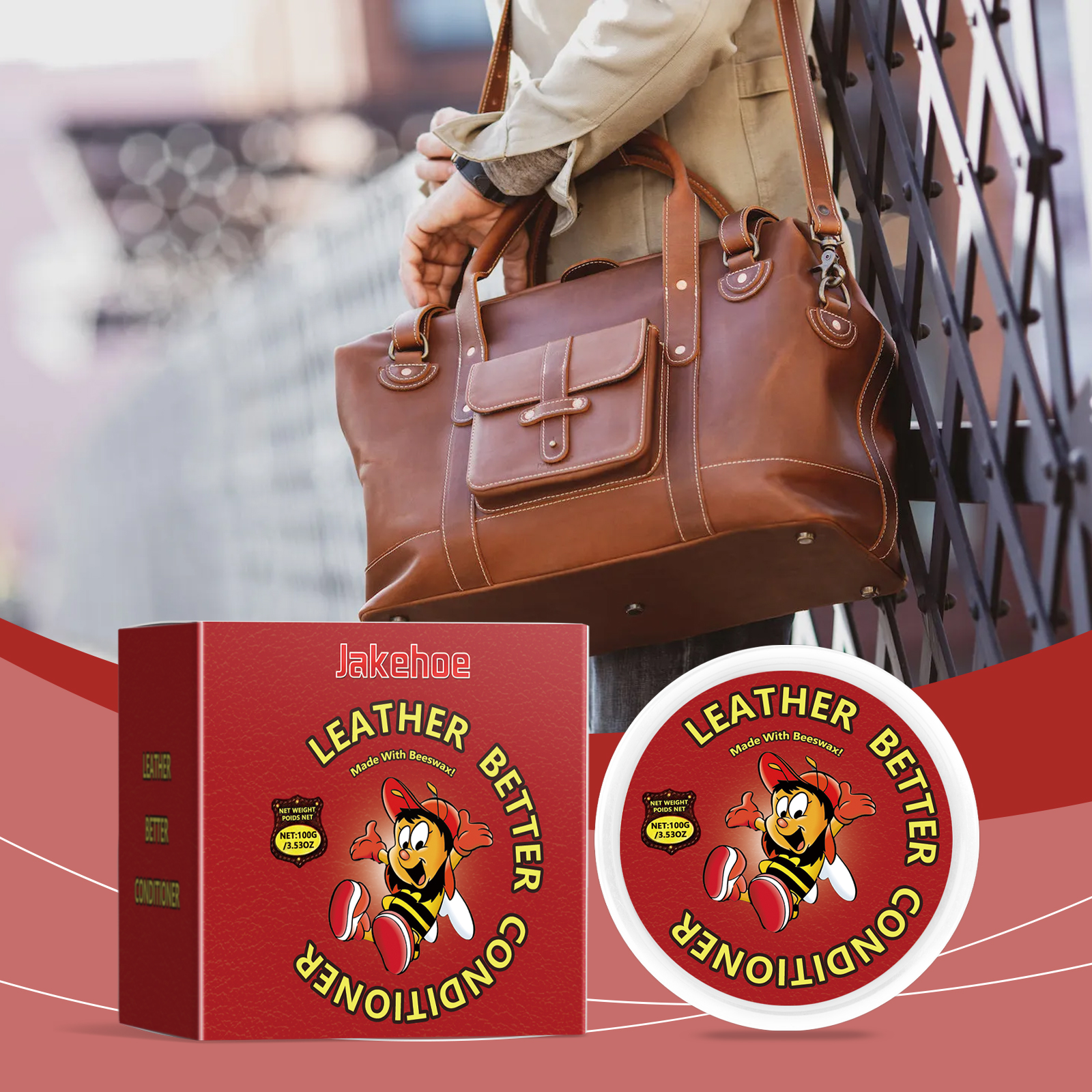 Leather conditioner displayed with brown handbag