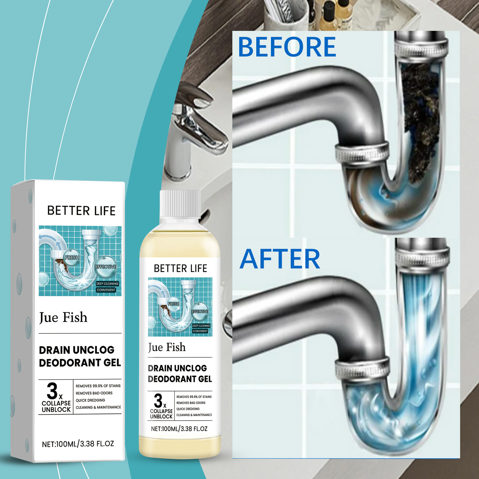Drain treatment bottle beside clear pipe illustration