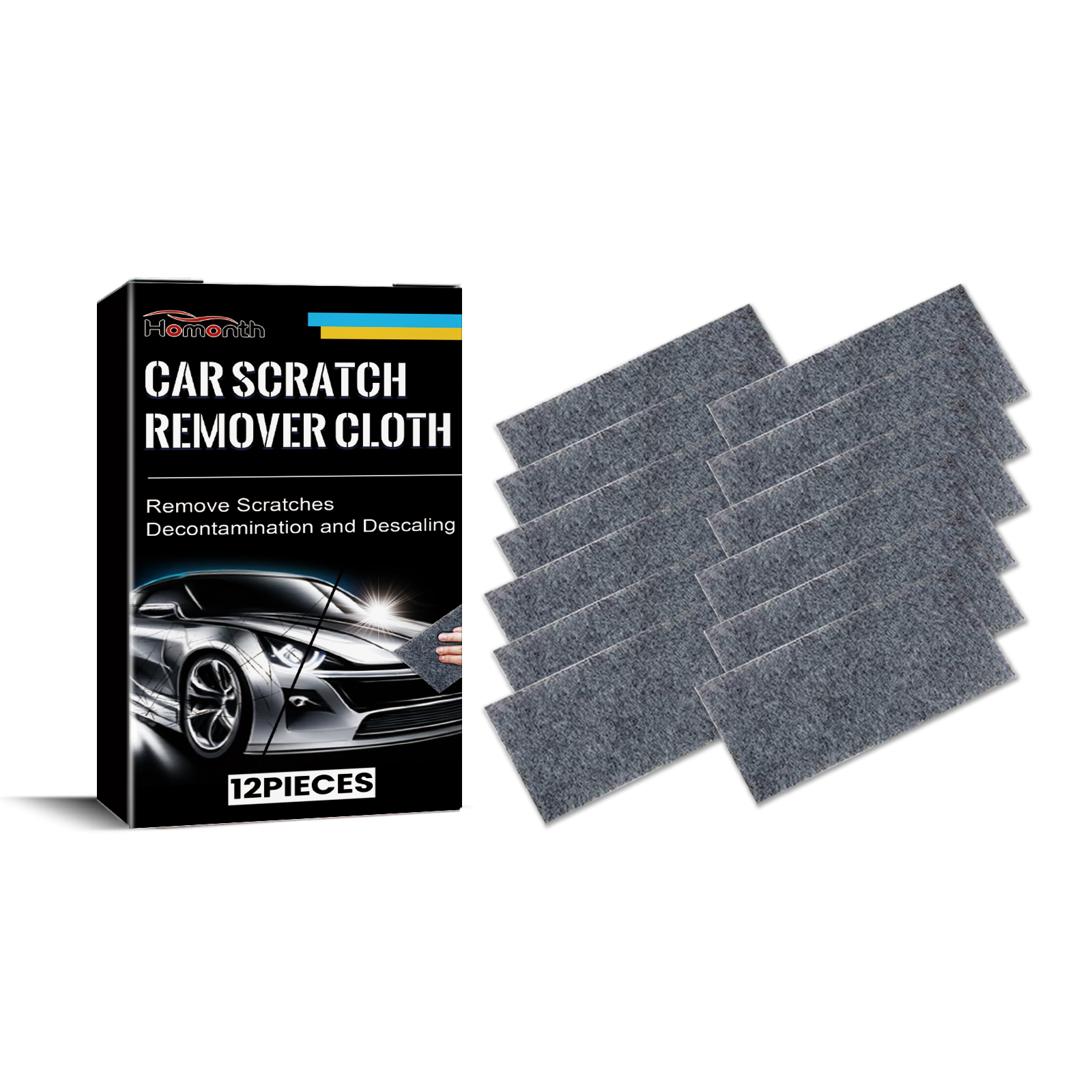 Twelve gray cloths arranged beside retail package