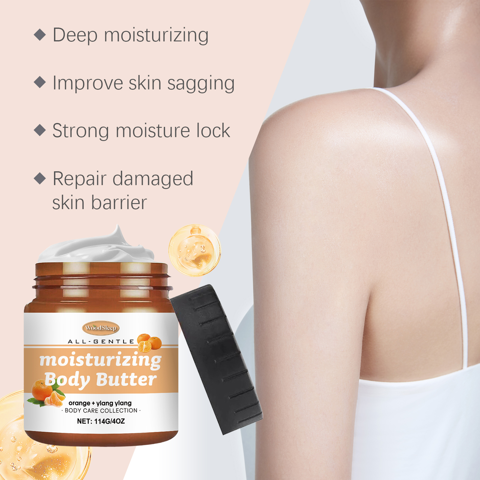 Amber body butter jar with moisture benefit graphic