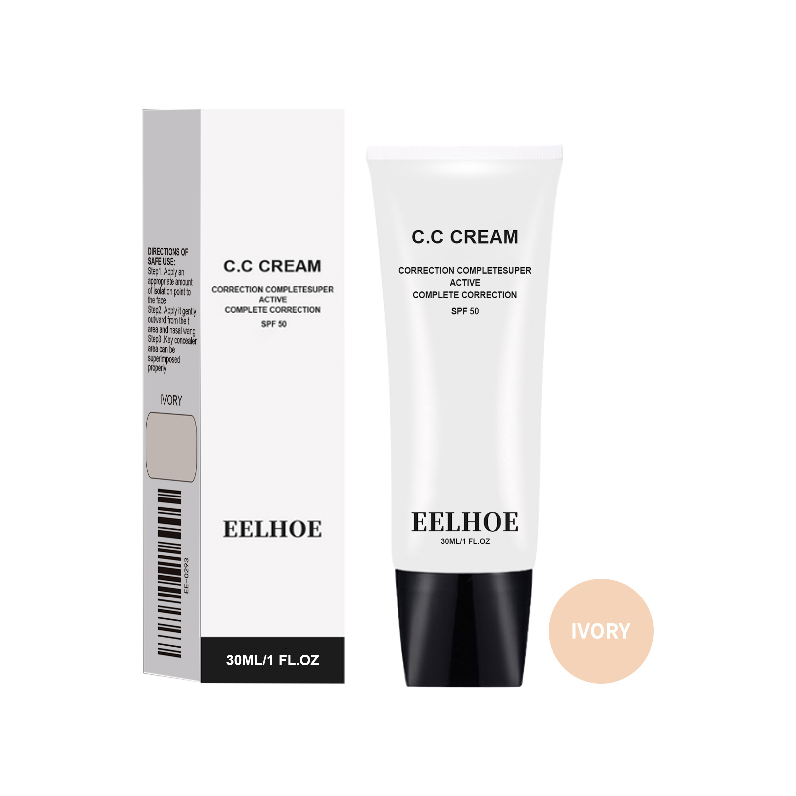 White CC cream tube and carton showing SPF 50 packaging