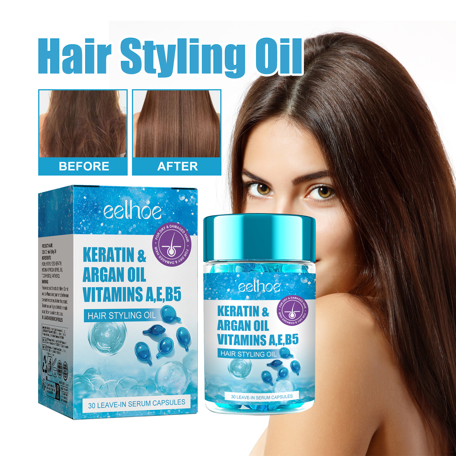 Woman with smooth shiny hair after serum use