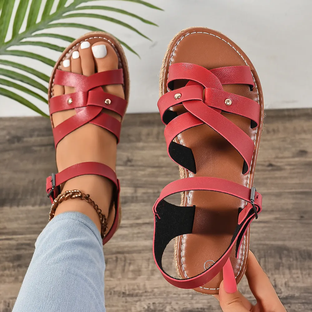 Roman style woven thick soled sandals for women with cross straps and beach sandals