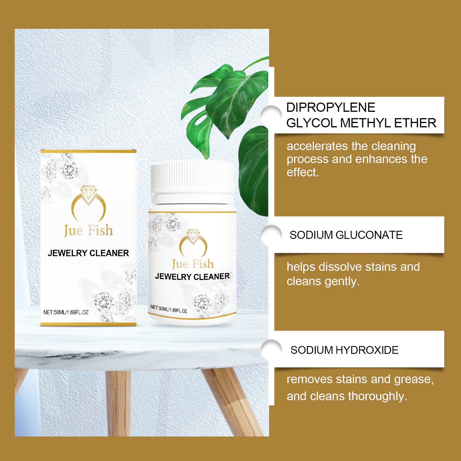 Visible jewelry cleaner ingredient callouts
