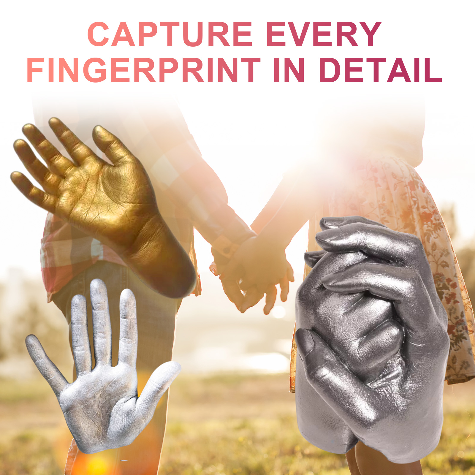 Gold silver and white hand casts showing fine details